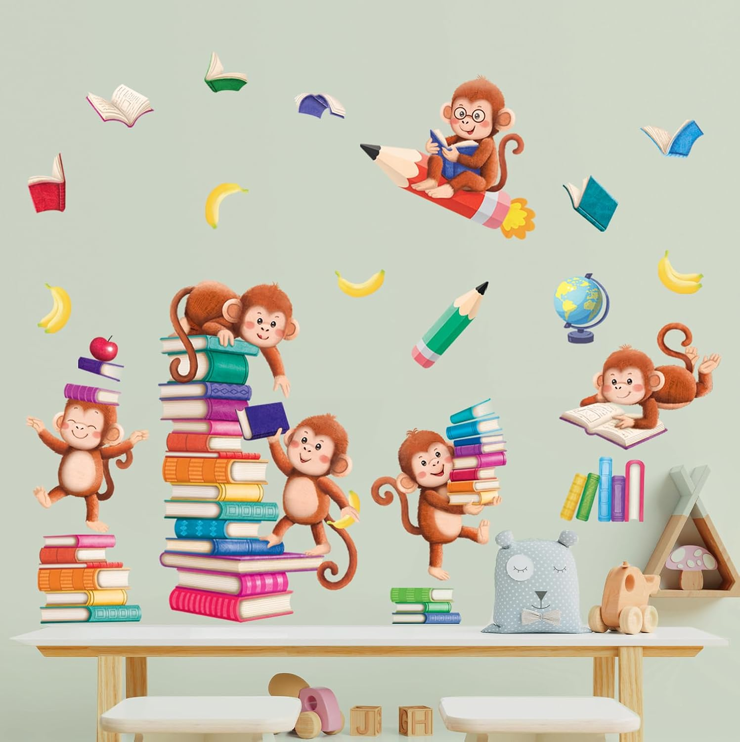DECOWALL SG2-2402 Books with Reading Monkey Wall Stickers Book Inspirational Decals Baby Library Playroom Nursery School Classroom Animals Decals Removable image number 1