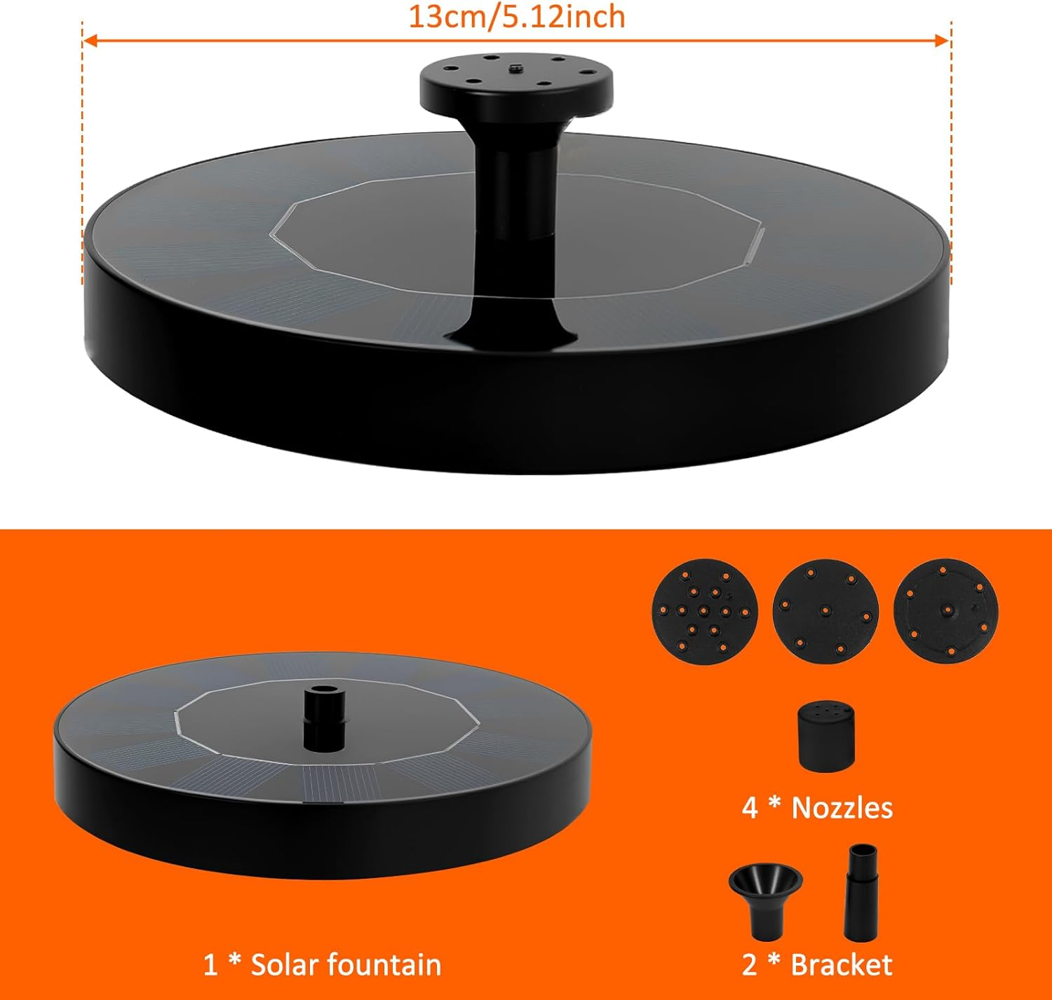 Outdoor Solar Fountain, Solar Powered Bird Bath Fountain with 6 Nozzles,Floating Solar Powered Fountains for Garden Pond Swimming Pool (13 Cm) image number 2