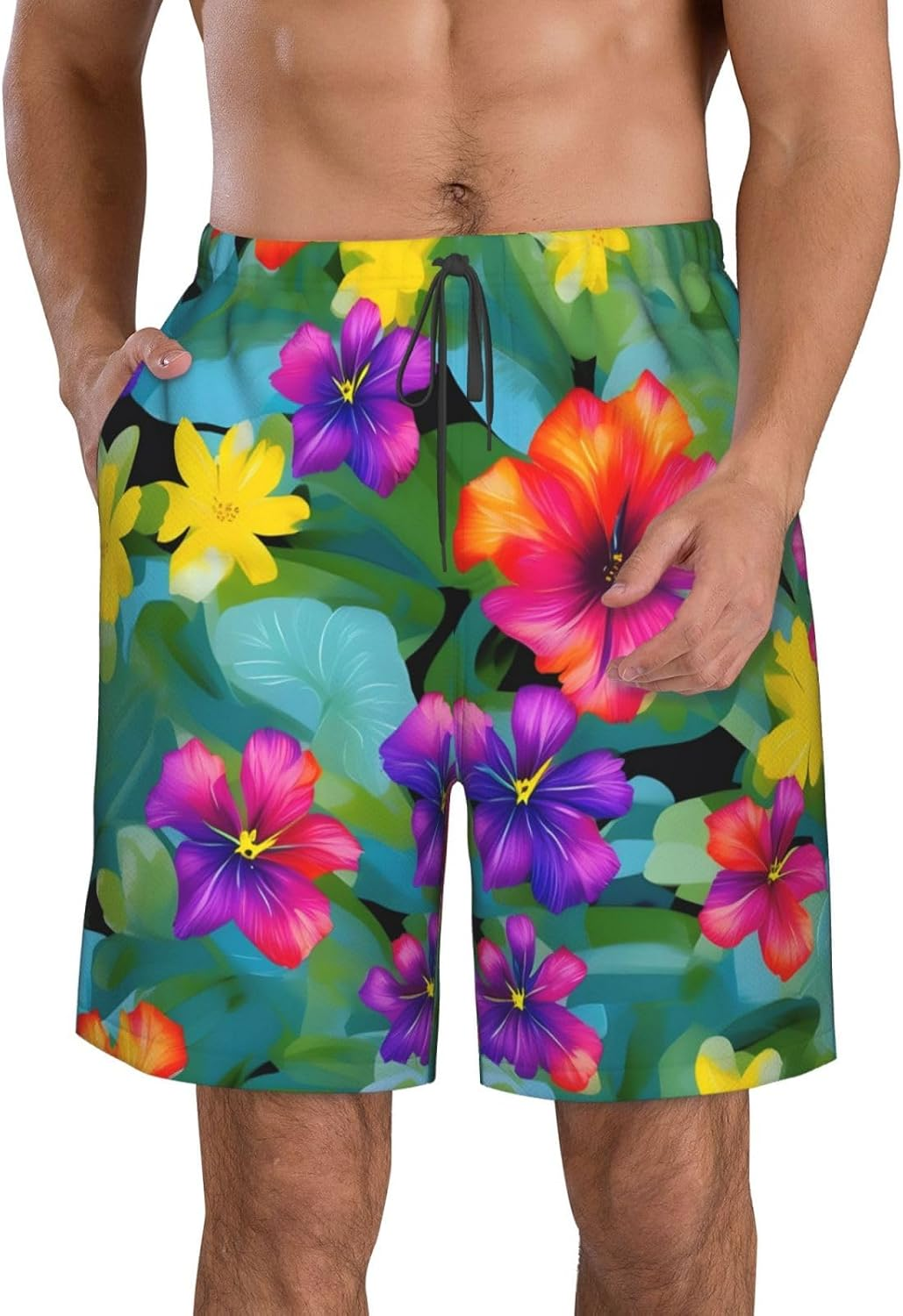 WURTON Hawaiian Colorful Flower Print Men'S Beach Shorts Hawaiian Summer Holiday Casual Shorts with Drawstring, Quick Dry image number 1