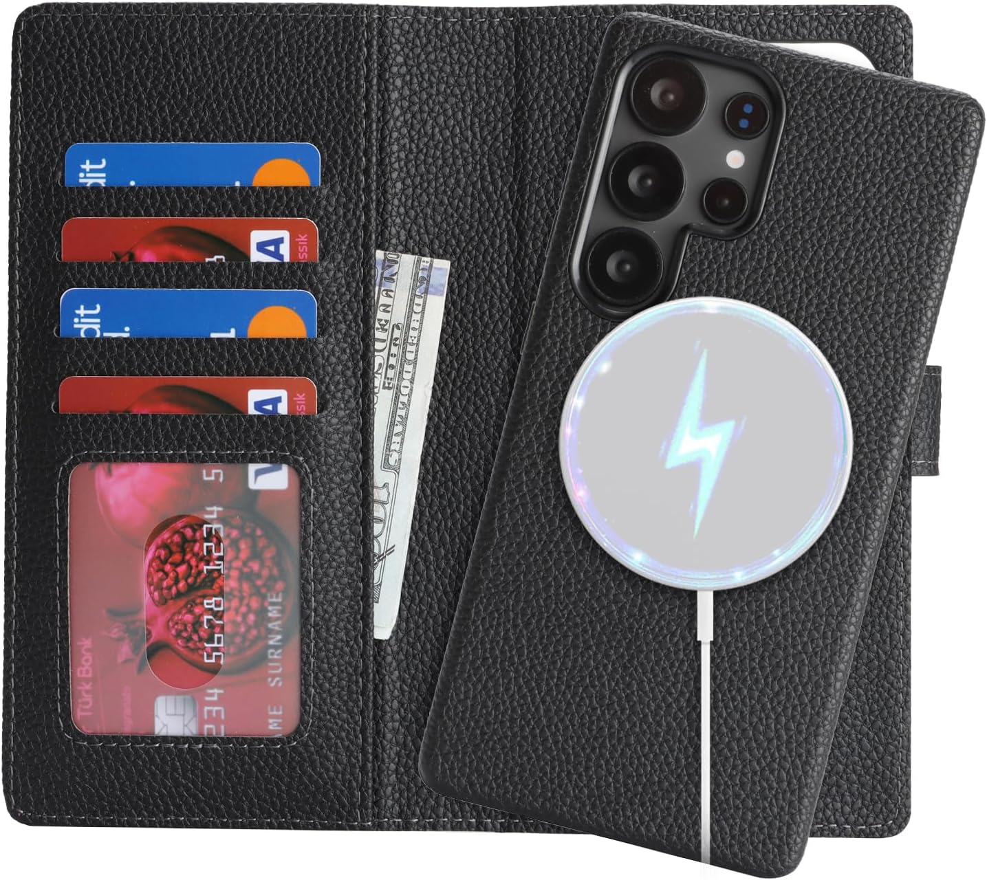 Cavor for Samsung Galaxy S25 Ultra Wallet Case Litchi Leather Case 2 in 1 Magnetic Detachable Support Magsafe Charging with Kickstand and Card Holder Flip Folio Protective Cover -Litchi Black image number 5