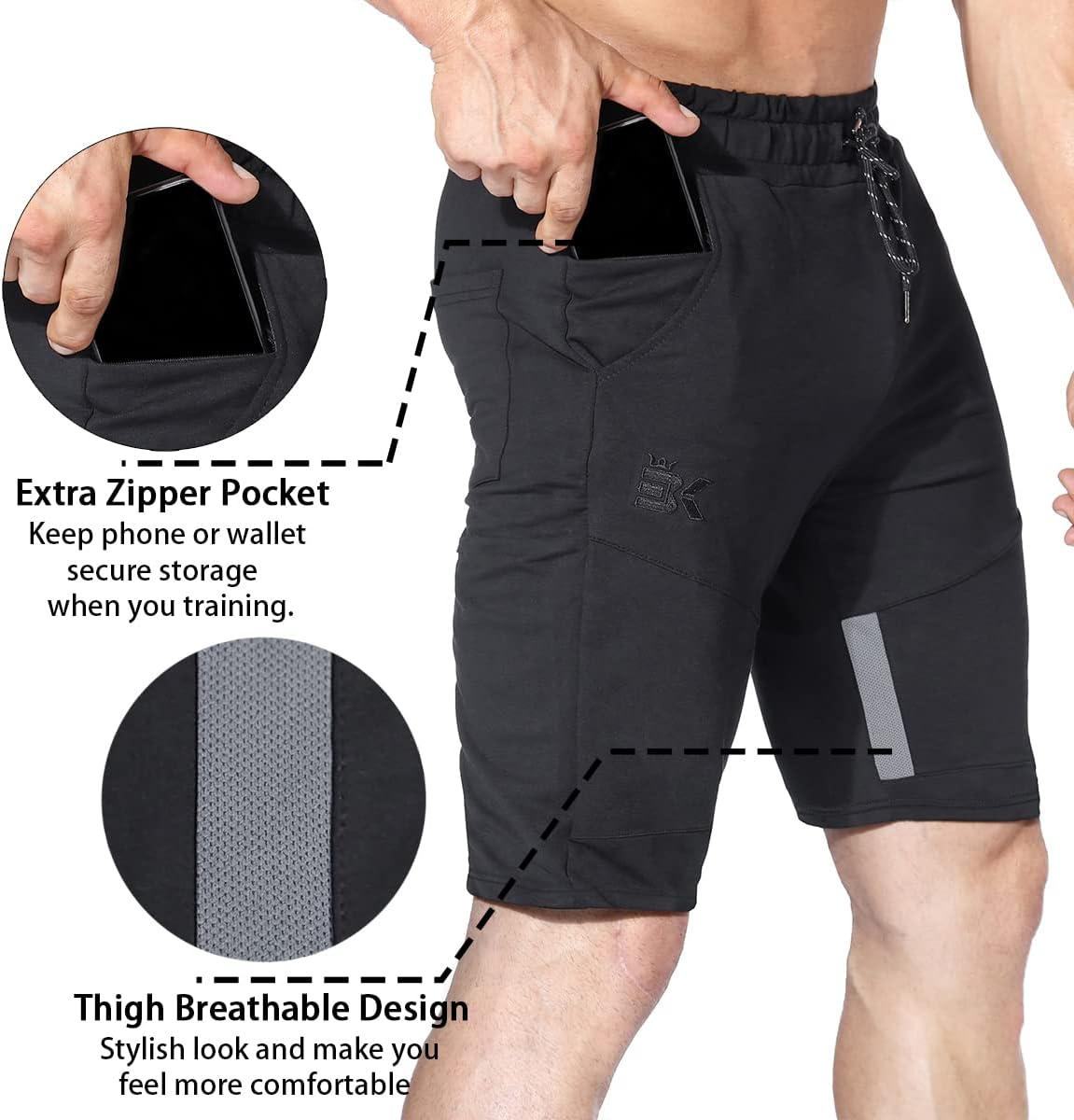 BROKIG Men'S Stripe Gym Shorts,Thigh Mesh Fitness Running Shorts Slim Fit Sport Shorts with Zip Pocket