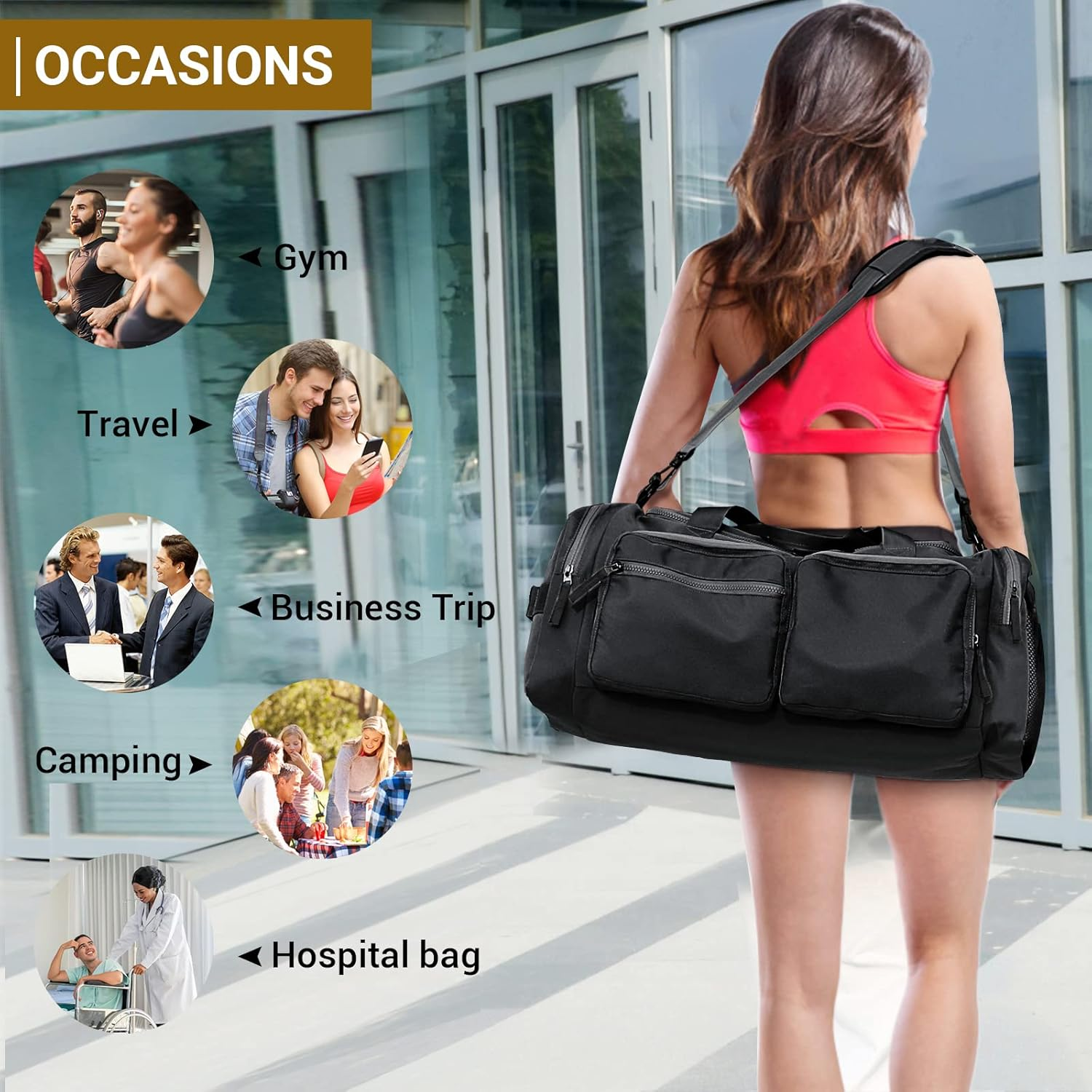 Duffle Bag for Men Women 40L Waterproof Sports Duffels Bags Travel Gym Bag with Shoe Compartment,Wet Pocket Large Weekender Overnight Bag Hospital Holdalls,Black - Grey image number 3