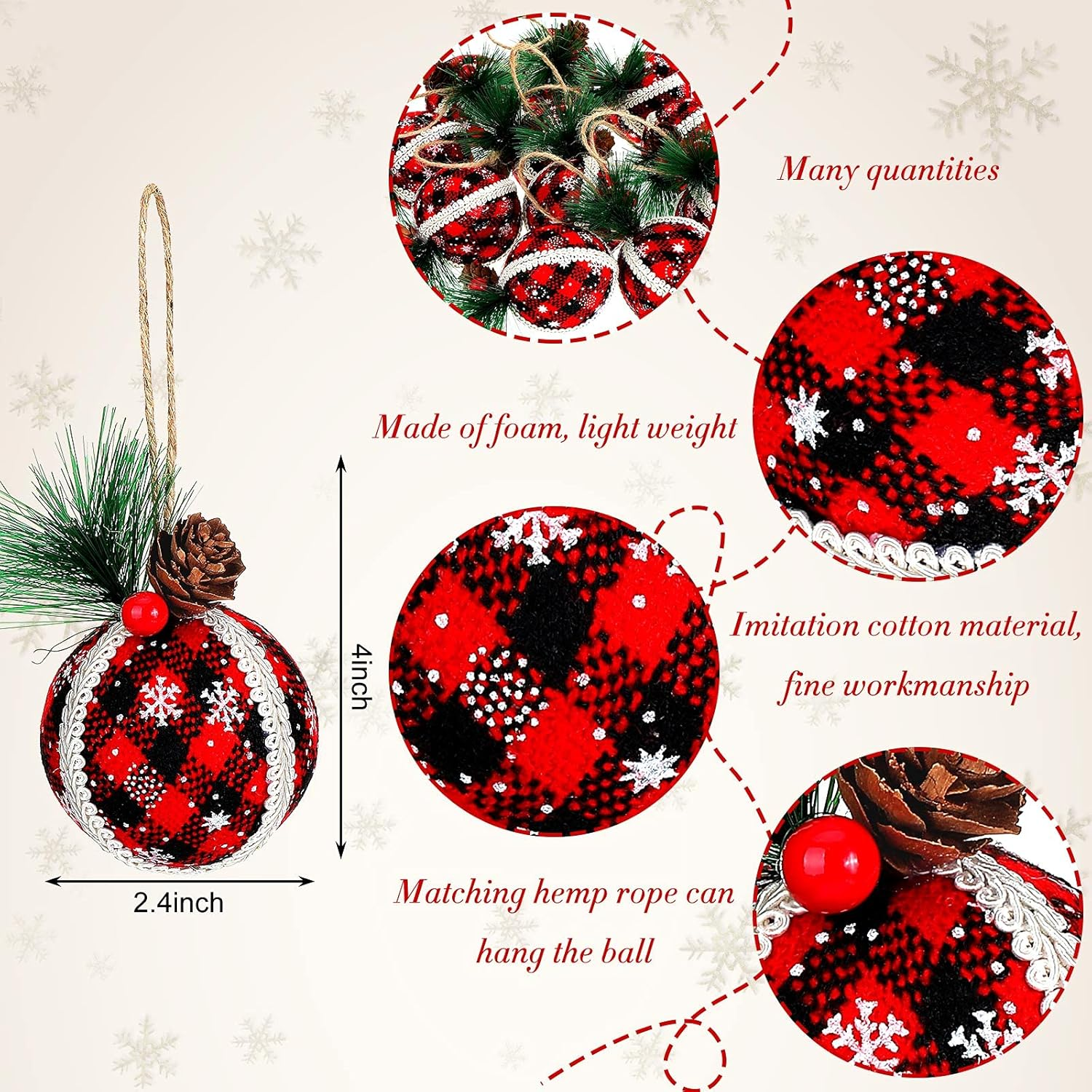 12 Pieces Christmas Buffalo Plaid Ball Ornaments Plaid Burlap Ornament Foam Christmas Ball Ornaments Christmas Hanging Indoor Ornaments for Christmas Party Anniversary Decorations image number 3