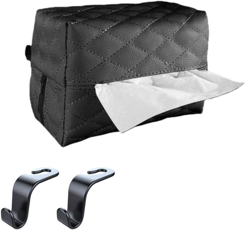 Car Tissue Holder Set, Leather PU Tissues Box Cover for Car Backseat Large Rectangle Napkin Holder Soft Rectangulars for Storage& Organization with 2Pcs Hooks