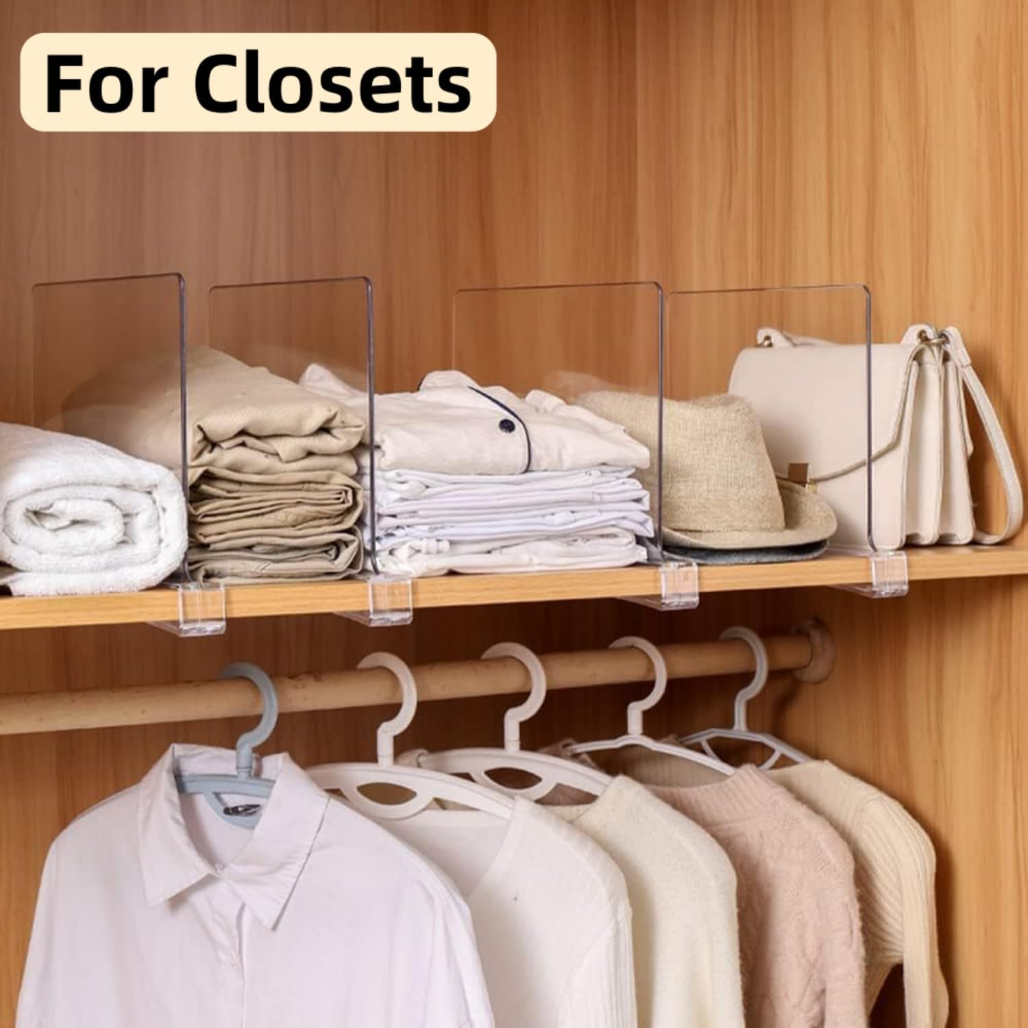 FORYUSE 12 Pack Acrylic Shelf Dividers for Closet Organization Clear Organiser Wooden Shelving Cabinet Separator Bedroom Kitchen Office Bookcase