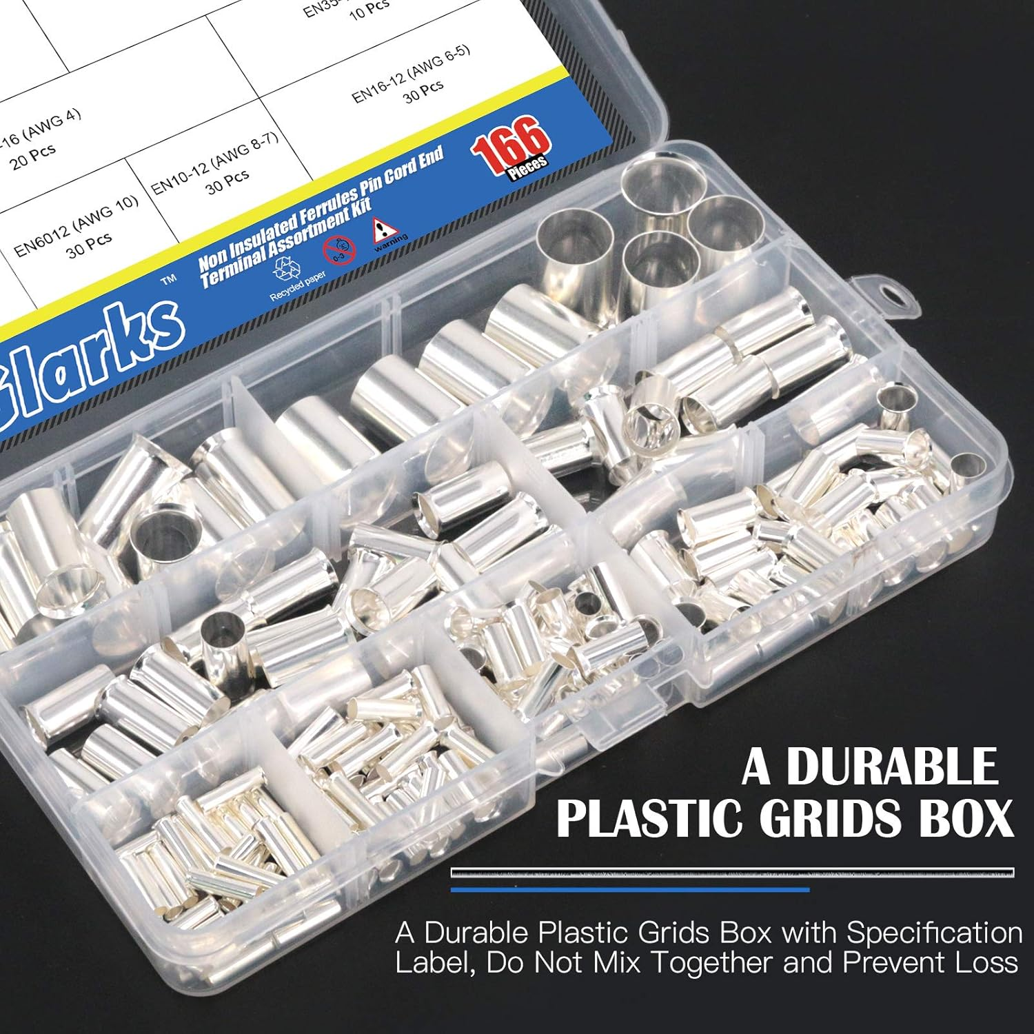 Glarks 166Pcs 8 Sizes AWG 12 10 8 6 4 2 1 2/0 Wire Ferrules Kit Silver Plated Copper Crimp Connector Non Insulated Ferrules Pin Cord End Terminals Assortment Kit image number 1