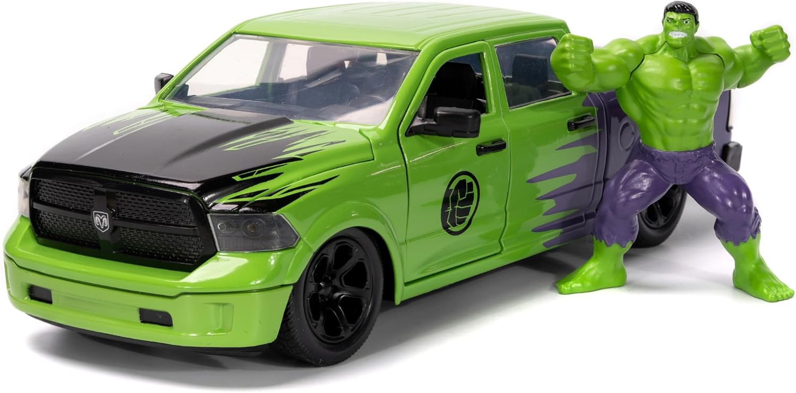 Jada Toys Marvel Avengers - 2014 Dodge Ram 1500 Pickup 1:32 Scale Diecast Model Cars with Hulk Set, Green/Purple image number 5