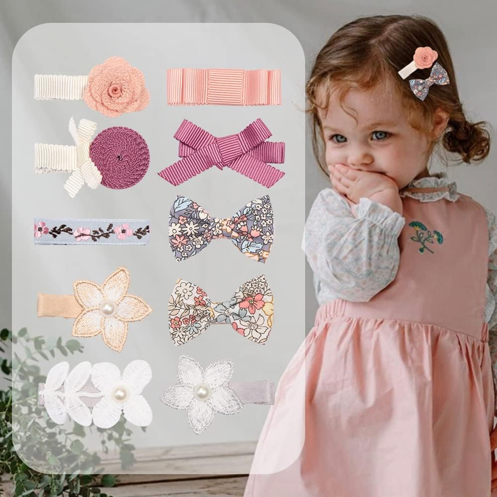 10Pcs Baby Girls Hair Clips Full Lined Alligator Clip Floral Bow Barrettes Handmade Hair Accessories for Newborn Infant Toddler Kids image number 5