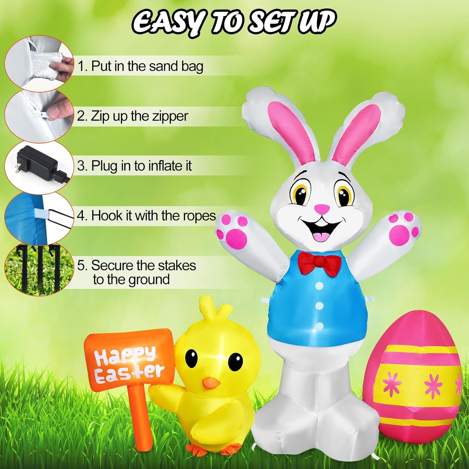 Raymall Easter Inflatables Outdoor Decorations, 5FT Tall Bunny with Chick and Egg Inflatable with LED Lights, Happy Easter Blow up Yard Decorations Outdoor, Blow up Bunny Easter Bunny Inflatables image number 3