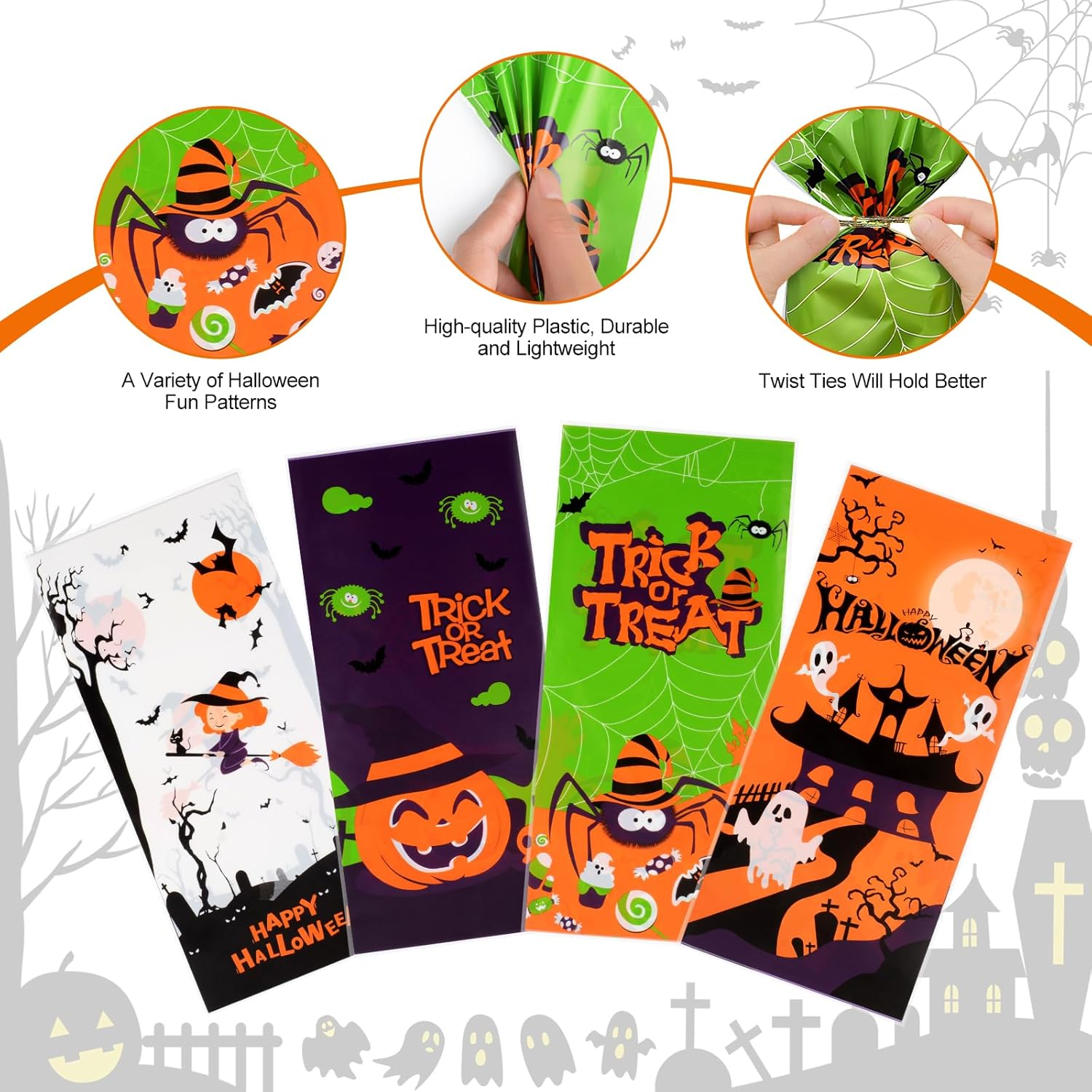Ninonly 200 Pcs Halloween Candy Bags, Bat Pumpkin Spider and Witch Halloween Cellophane Bags, Plastic Treat Bags with 200 Pcs Twist Ties for Snacks Cookies Halloween Party Favors Supplies image number 4