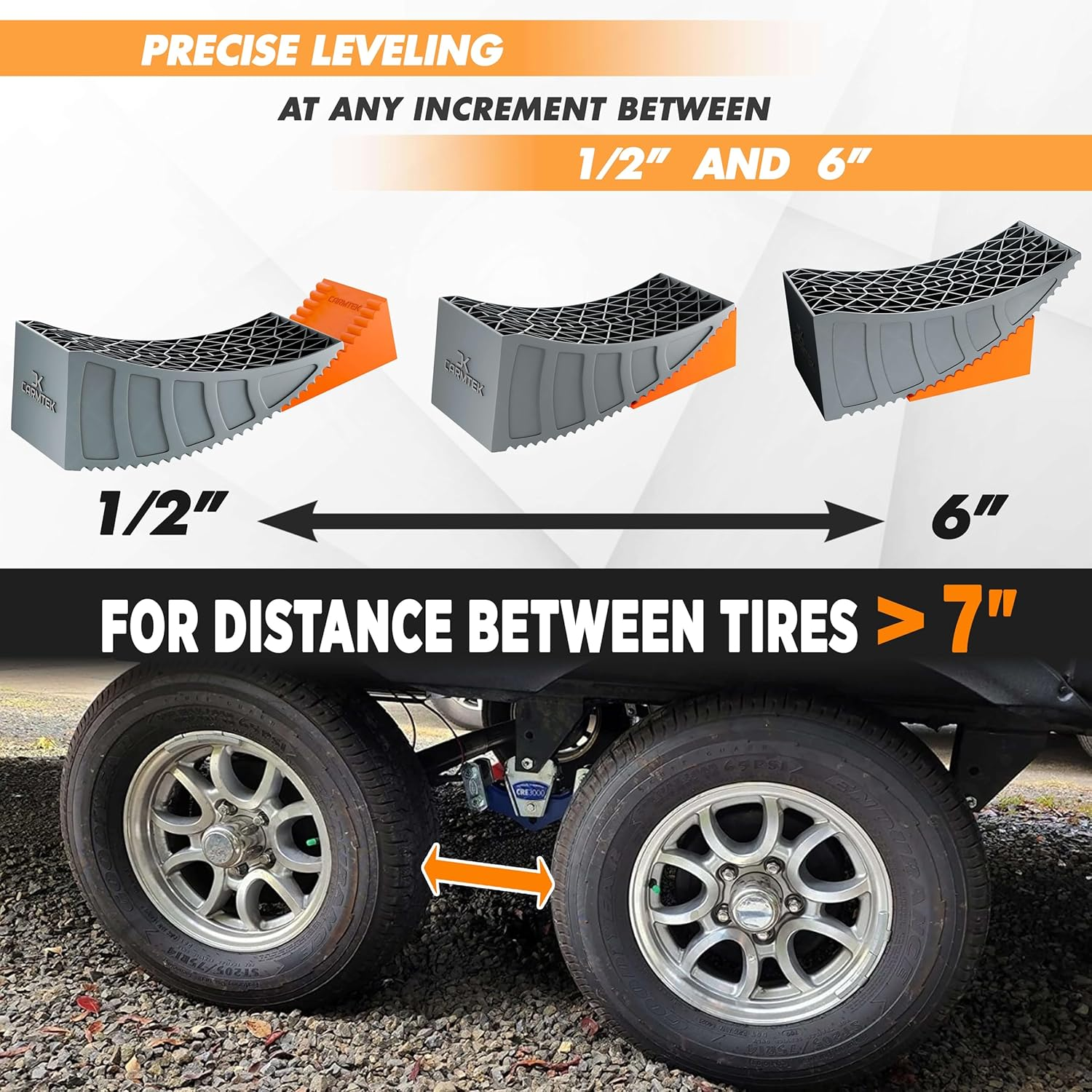 CARMTEK Camper Leveler Premium Kit | 6 Inch RV Levelers with Wheel Chocks, Rubber Mats & Carry Bag for Travel Trailers | Faster RV Leveling System than RV Leveling Blocks | RV Accessories image number 4