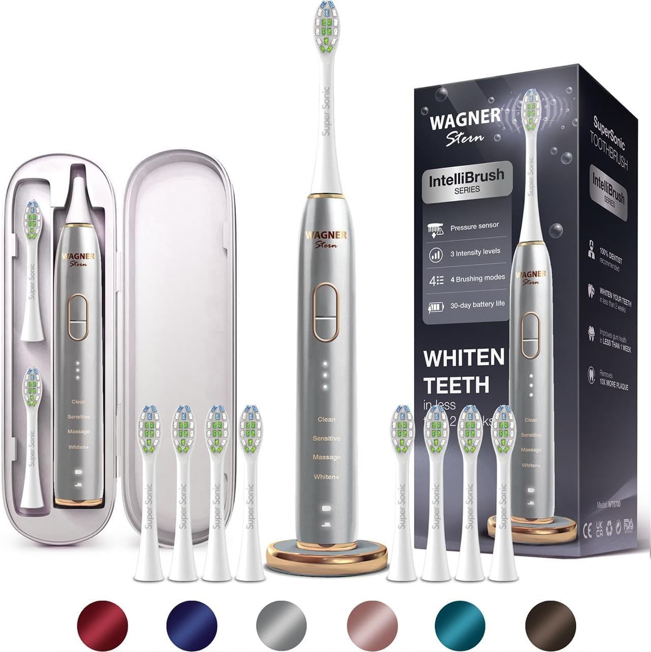 Wagner Stern Intellibrush Series Whitening Electric Toothbrush with Pressure Sensor. Offers 4 Brushing Modes, 3 Intensities, 8 Soft Brush Heads, and a Luxury Travel Case. image number 2