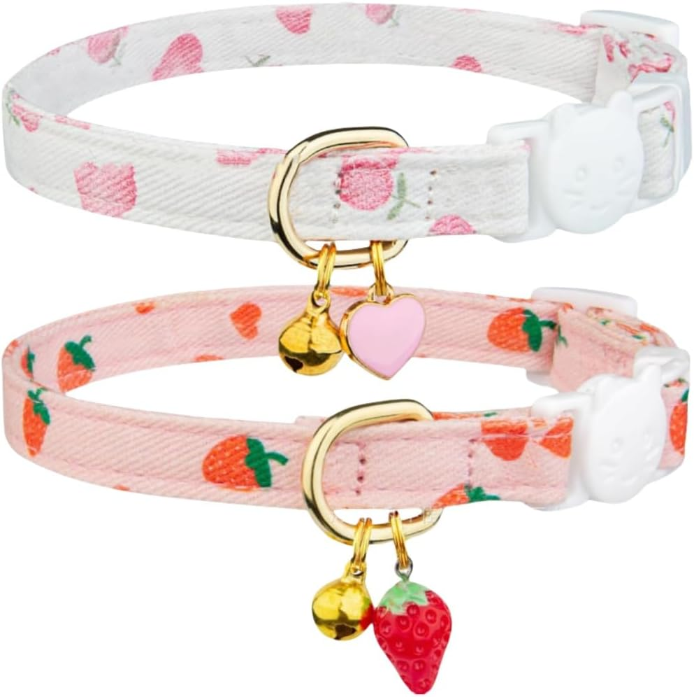 Cotton Detachable Cat Collar, Pink Strawberry White Heart-Shaped Pendant, Cute Kitten and Bell Cat Collar 2-Piece Set image number 2