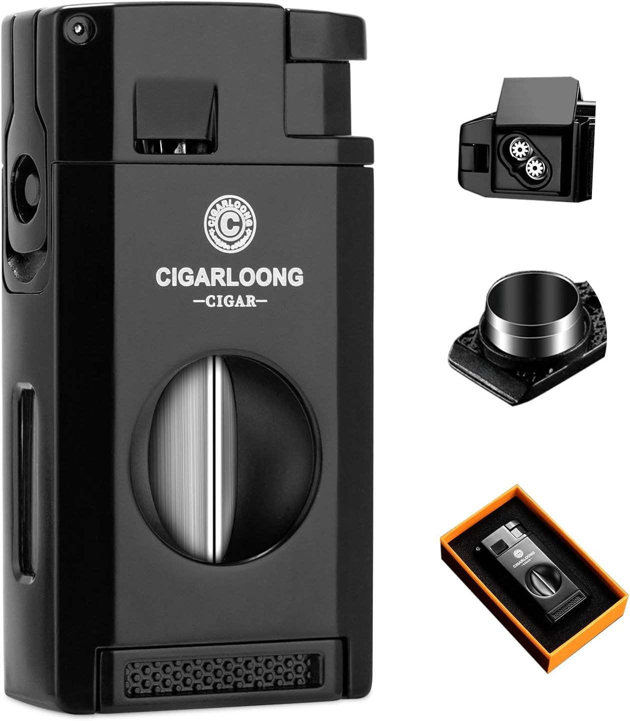 Cigar Lighter with Twin Jet Flame, Storm Lighter, Refillable Gas, Lighter with Cigar Punch and Cigar Holder & V Cut Cigar Cutter, Gift Box, without Gas(Black)