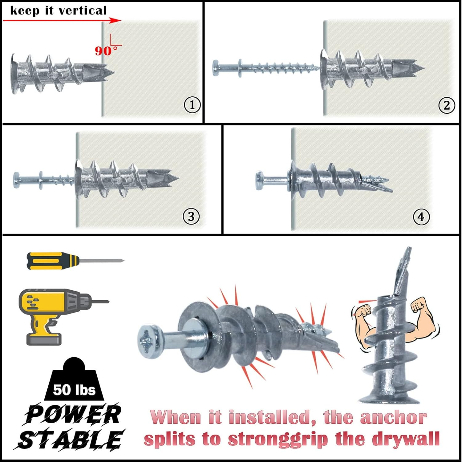 Laffeya Bear Claw Double Headed Screw & #8 Self Drilling Drywall Anchors, Picture Hangers Kit- 25 Bear Claw Screws, 25 Self-Tapping Drywall Anchors (25, Silver)