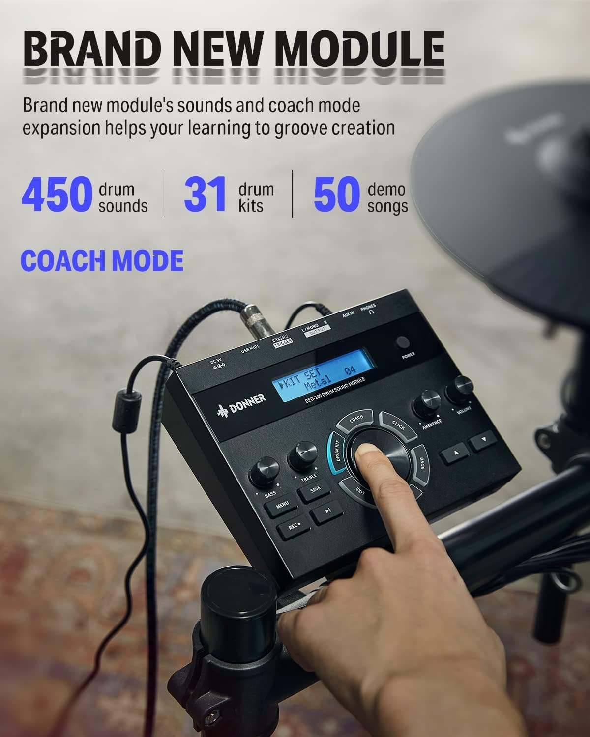 Donner DED200 E Drum Set, E Drums with Quiet Mesh Drum Pads, 2 Cymbals with Choke, 31 Kits and over 450 Sounds, Throne, Headphones, Sticks, USB MIDI, Melody Lessons (5 Pads, 4 Cymbals) image number 3