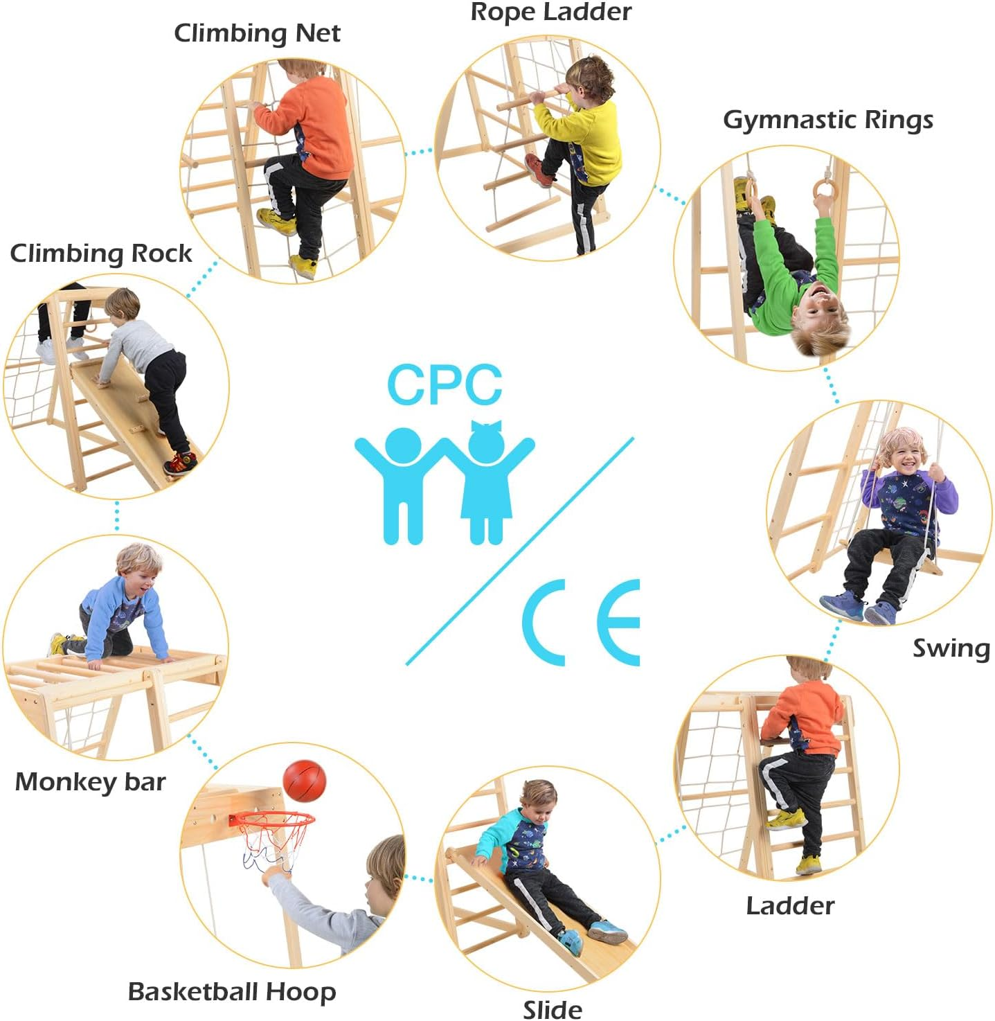 Indoor Playground,Toddler Wood Playset 9-In-1 with Slide,Basketball Frame, Swing, Jungle Gym, Swedish Ladder, Monkey Bars, Rope Ladder, Rock Wall Dome for Ages 1.5-8 image number 1