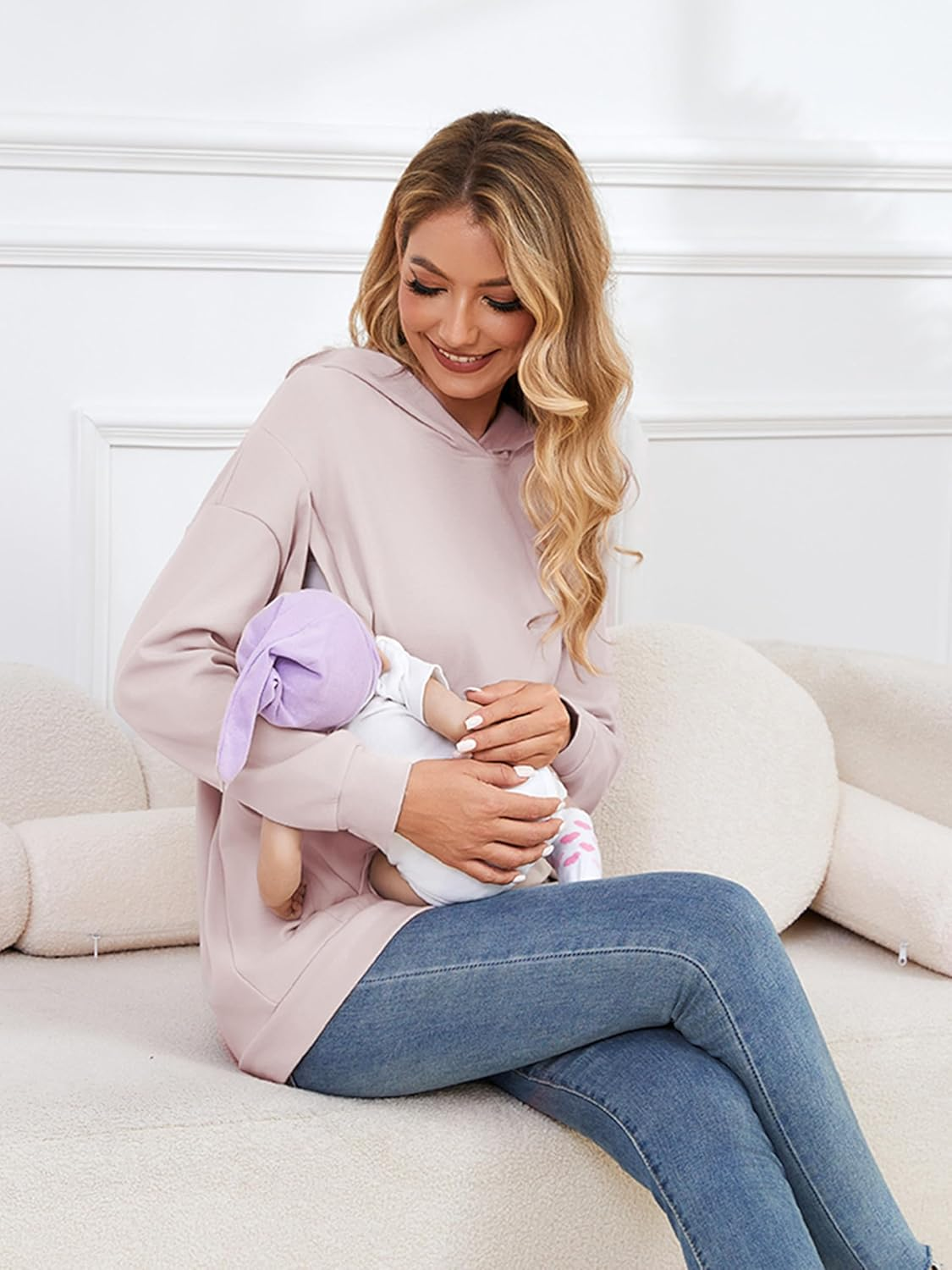 Ecavus Women'S Maternity Nursing Sweatshirt Hidden Zipper 2025 Long Sleeves Oversize Breastfeeding Pullover Tops with Pockets image number 5