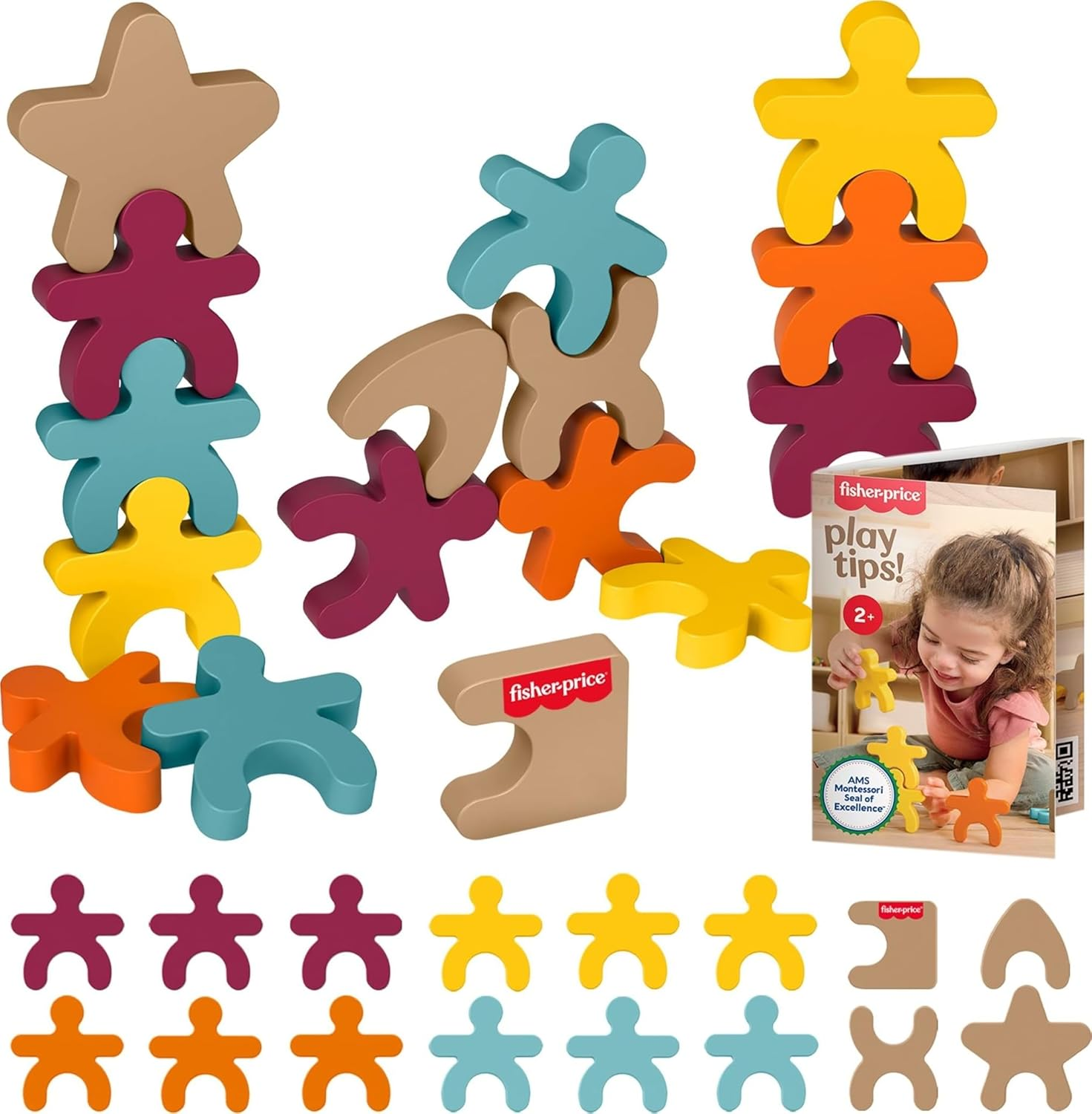 Fisher-Price Wood Montessori Toy Stacking Shapes, American Montessori Society Seal of Excellence, 16-Piece Wooden Learning Activity & Expert Play Tips for Kids Ages 2+ Years (Amazon Exclusive) image number 2