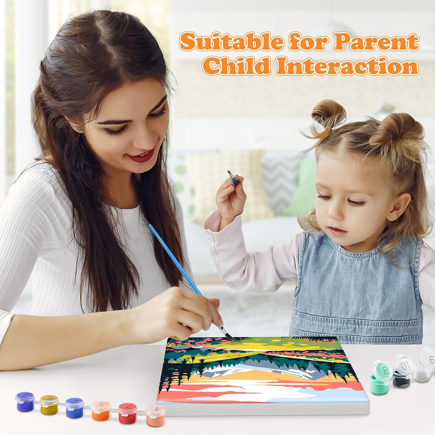 NAIMOER Framed Paint by Numbers, 4Pack Scenery Paint by Numbers Canvas for Kids Adults, Kids' Paint by Number Kits, DIY Acrylic Landscape Oil Painting with Wooden Easel (8X8Inch) image number 3