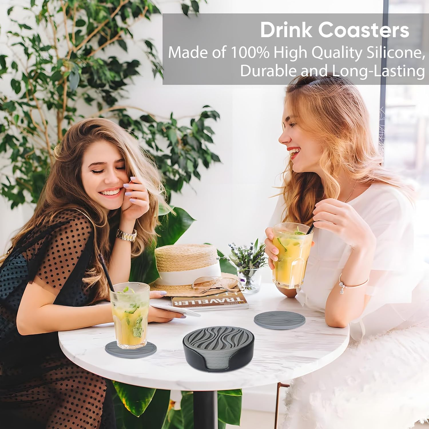 6 Pack Rubber Drink Coasters,Coasters for Drink with Holder,Silicone Cup Mat Non-Stick,Non-Slip,Thickened Live for Hot or Cold Drink-Pure Gray image number 5