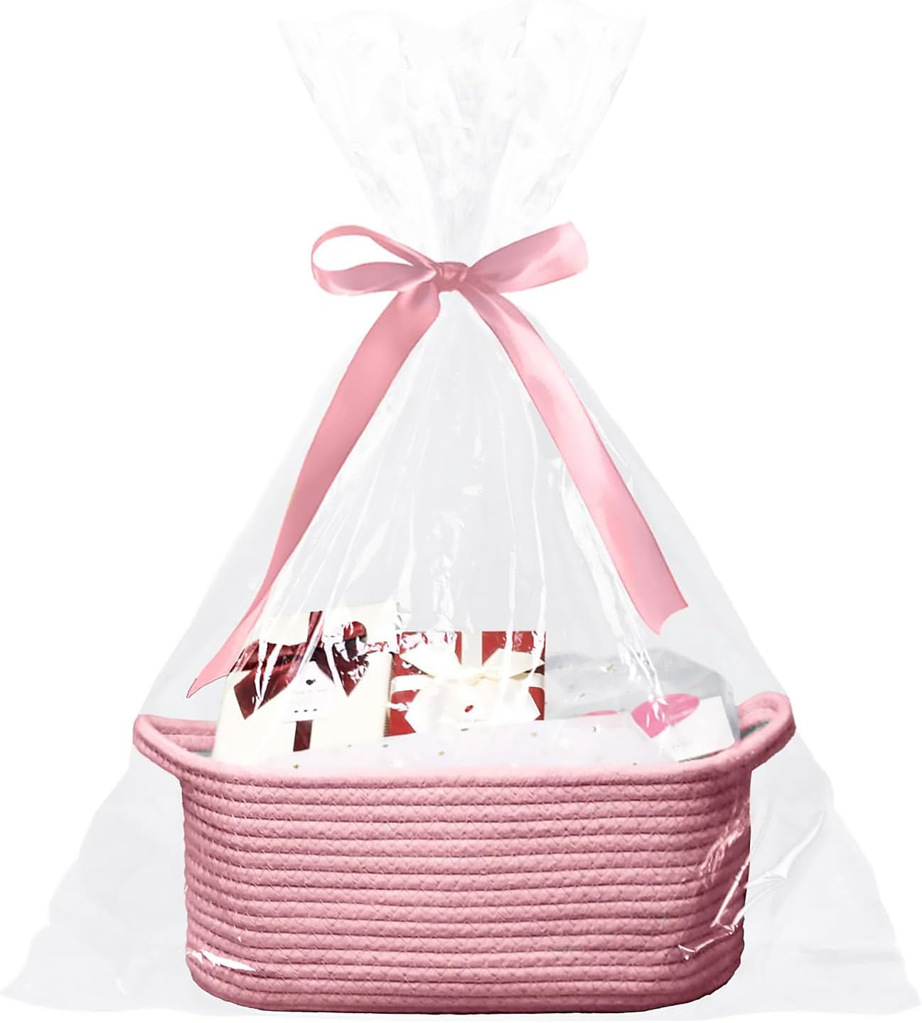 Baby Gift Basket with Gift Bags and Ribbons, 12X 8 X 5 Inch Empty Cotton Rope Baby Basket, Basket Organizer for Baby and Pet Toys, White