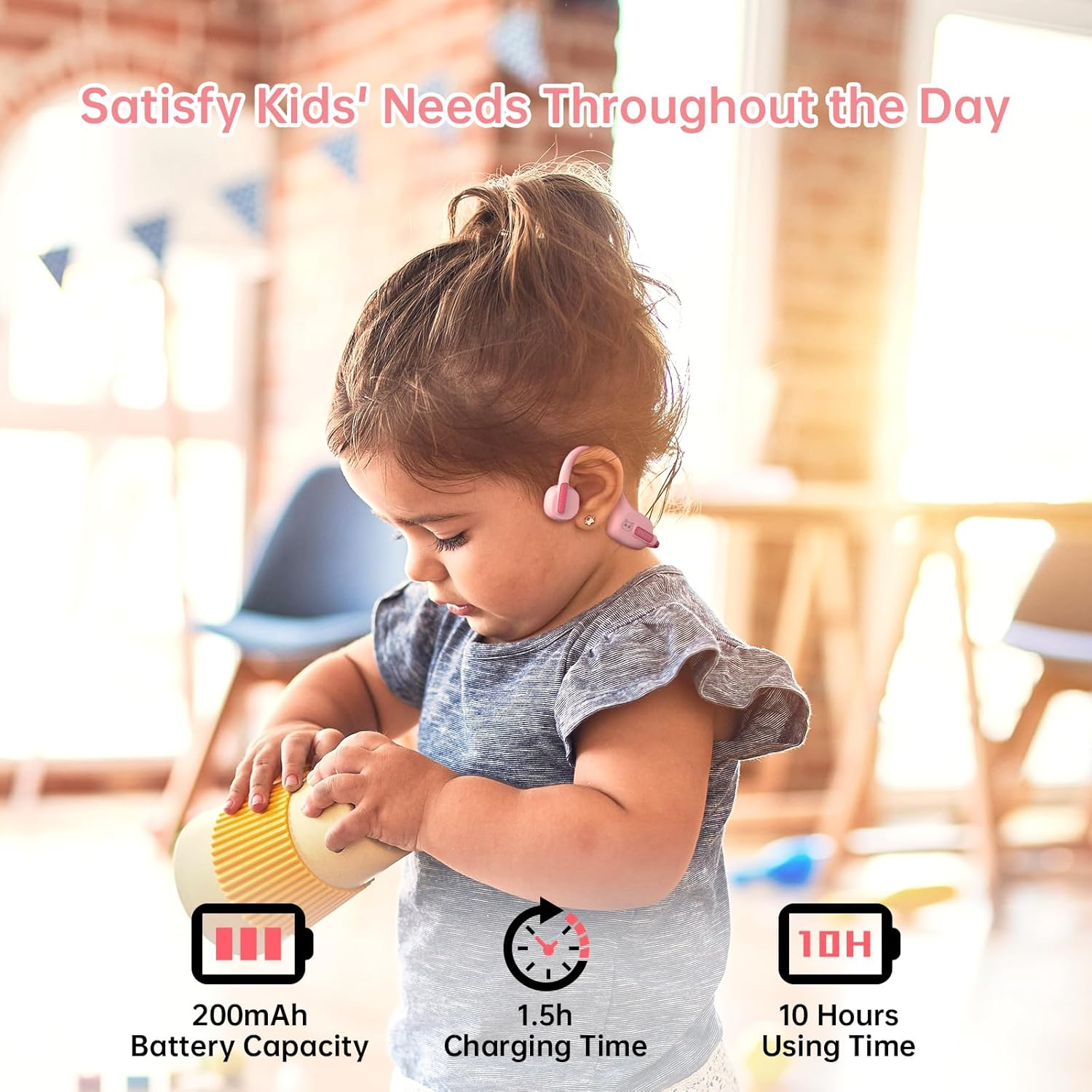 IFECCO Kids Open Ear Headphones - Kids Girls Bluetooth 5.3 Conduction Headphones with Mic,Ultra-Light,Ipx5 Waterproof and Safer for Children Wireless Headphones,Perfect for School Travel Gifts (Pink) image number 5