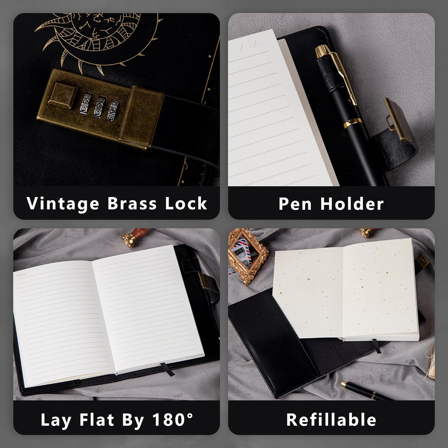 Constellation Leather Journal with Lock, Zodiac Moon Sun Diary for Writing, B6 Notebook with Lined Paper for Women & Men (Black) image number 4