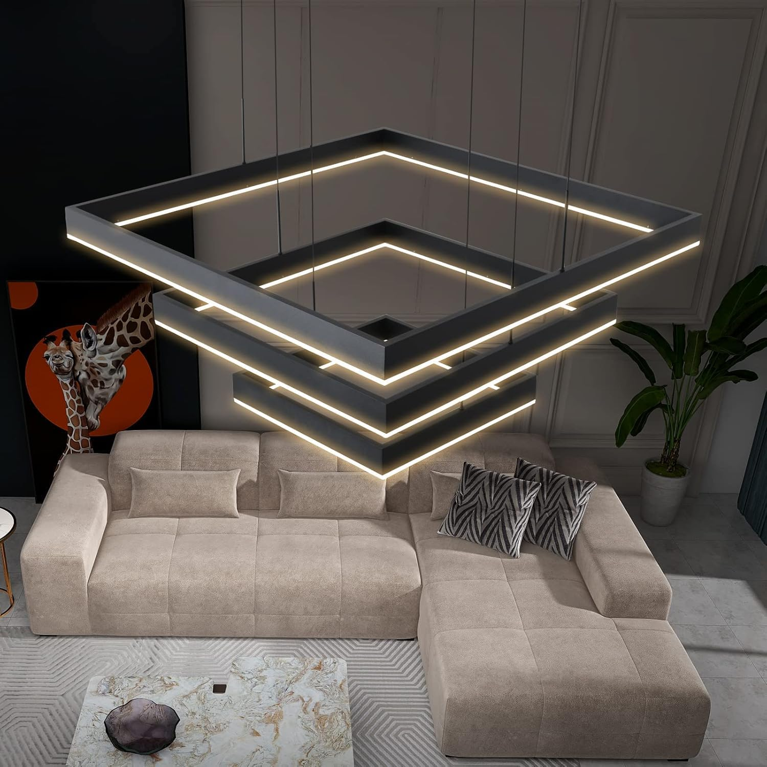 BAMDECOR A18882/3A 3 Rings Black Modern Minimalist Square Pendant Light Adjustable LED Chandelier for Bar, Dining Room, Office image number 1