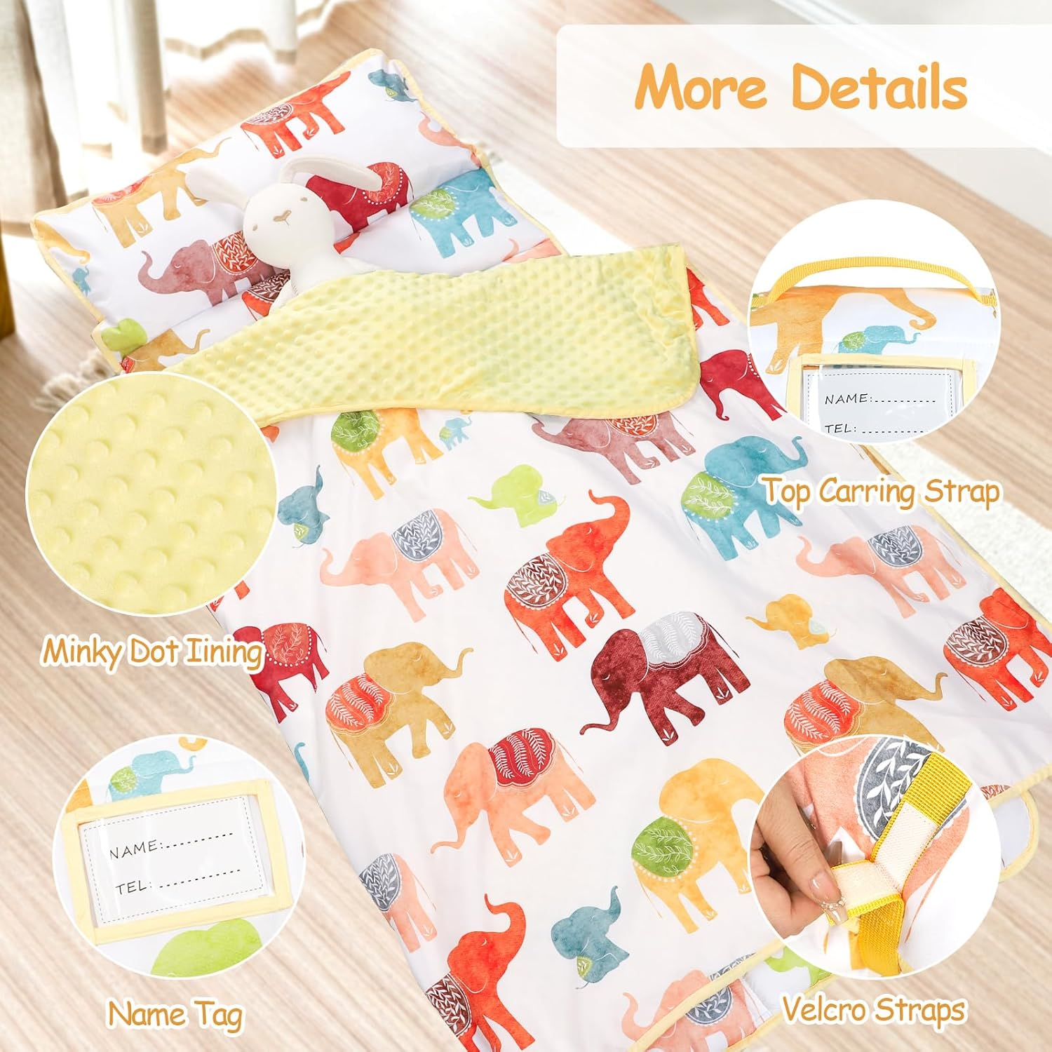 Toddler Nap Mat for Preschool, Thicken Kids Sleeping Mats with Removable Pillow and Blanket for Boys Girls, 140 X 60 Cm Extra Large Daycare Nap Mat(Colorful Elephant) image number 5