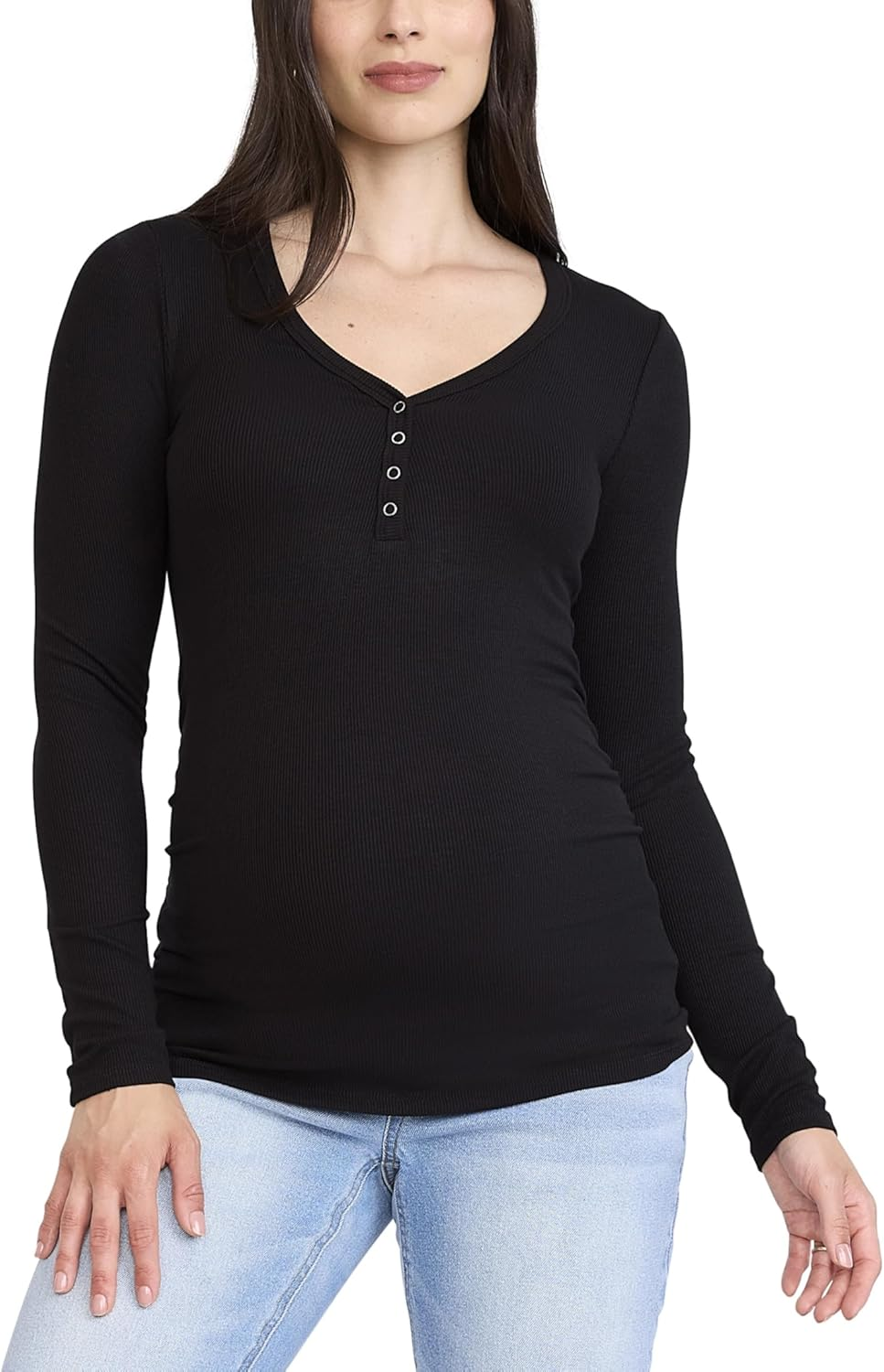 Motherhood Maternity Women'S Long Sleeve V-Neck Side Ruched Henley Pregnancy Tee Shirt
