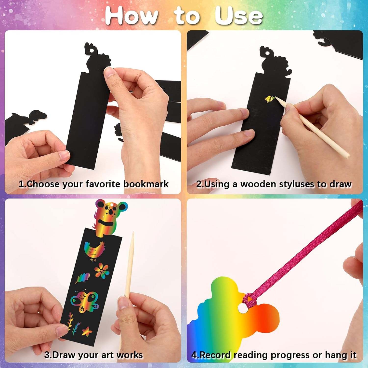 Viiotu 48 Pcs Scratch Art Bookmarks Party Favours Kids, Animal Bookmarks Set Party Bag Fillers with 48 Pcs Colorful Ribbons and 24 Pcs Wood Stylus, Scratch Art for Classroom Activities Party (Unicorn) image number 1