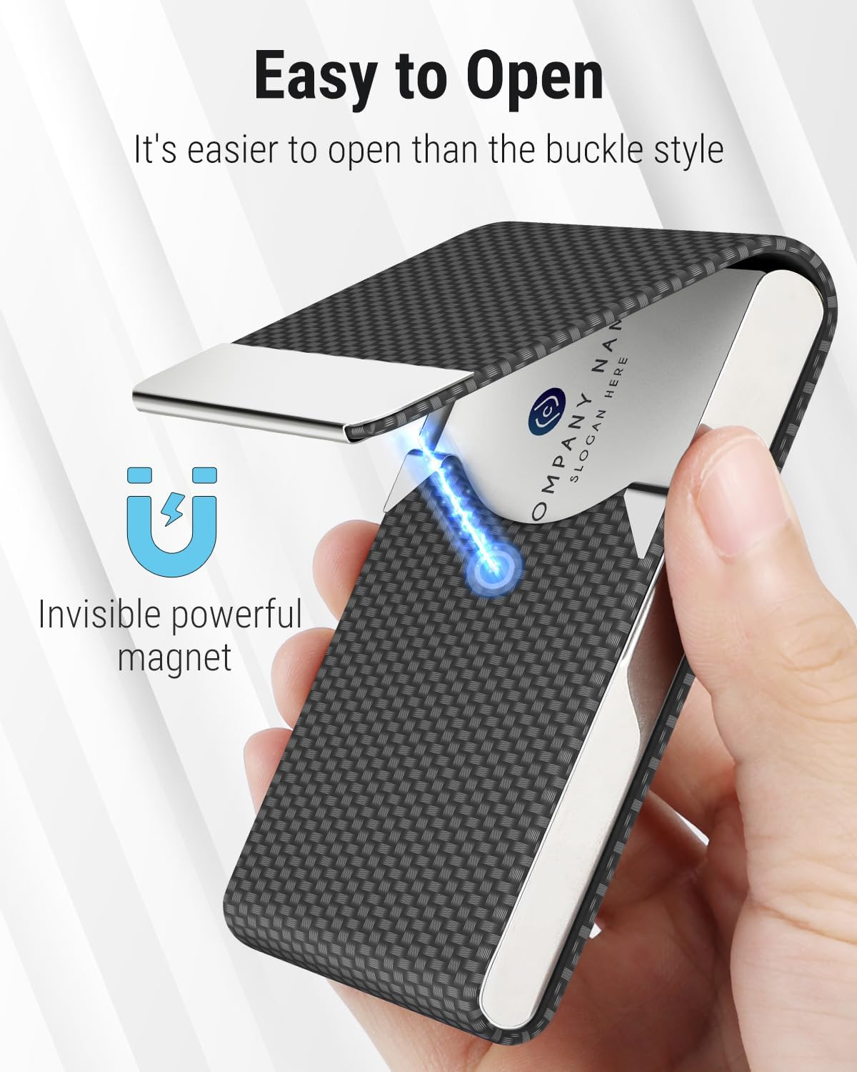 Maxgear Business Card Holder, PU Leather Business Card Case Pocket Card Holders for Men or Women, Metal Slim Name Card Holder RFID Blocking Business Card Carrier with Magnetic Closure, Black Carbon image number 5