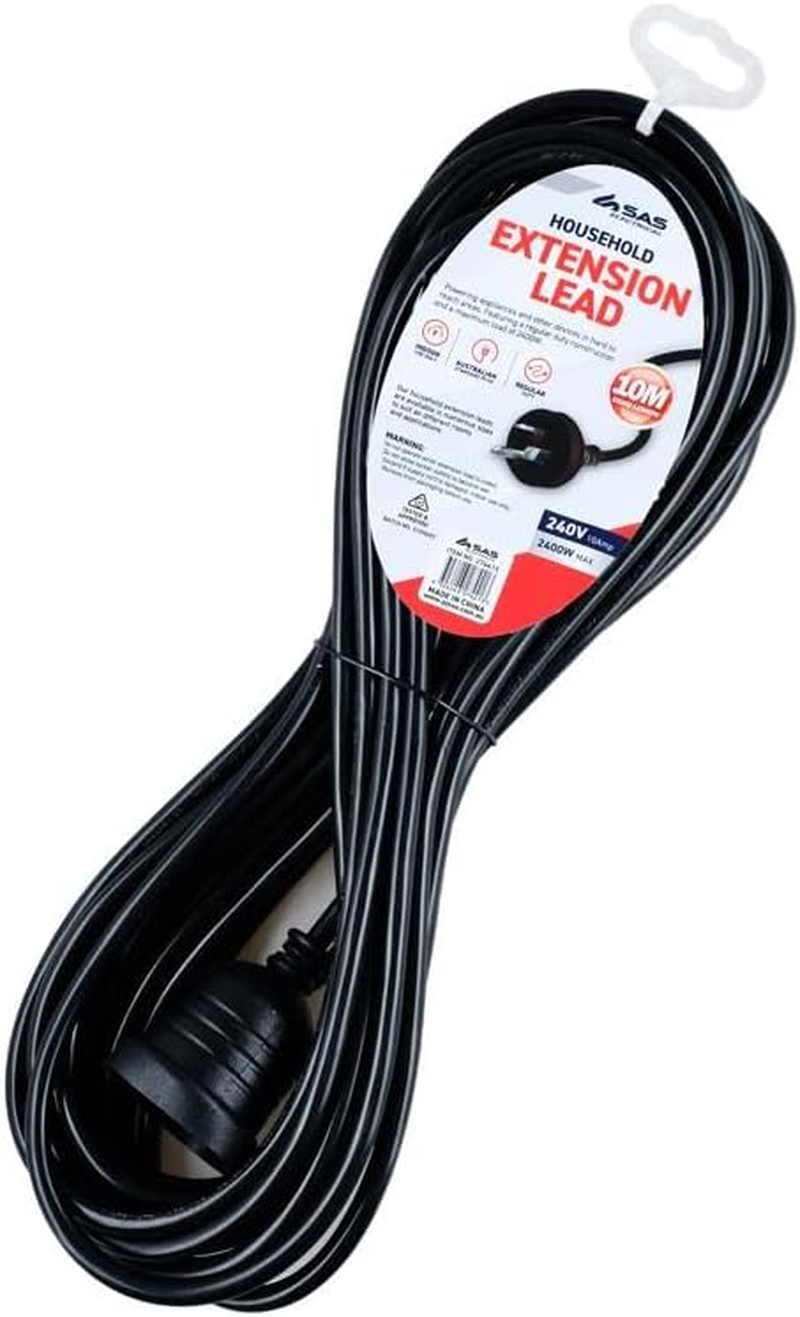 Leona Co 10M Household Extension Lead 240V Power Cable | 2400W Max Load Capacity | Durable Construction, Black Finish | Suitable for Home, Garage, Office, Workshop
