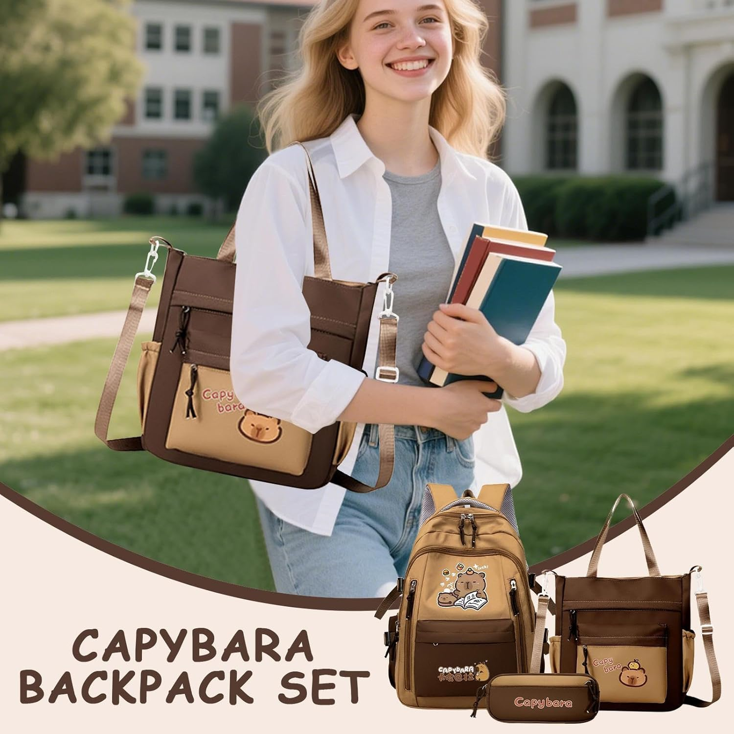 Capybara Backpack - Stylish Bag with Pencil Case and Shopping Bag, Aesthetic Computer Backpack for Girls Schoolgirls Everyday Companion - Book Flip image number 2