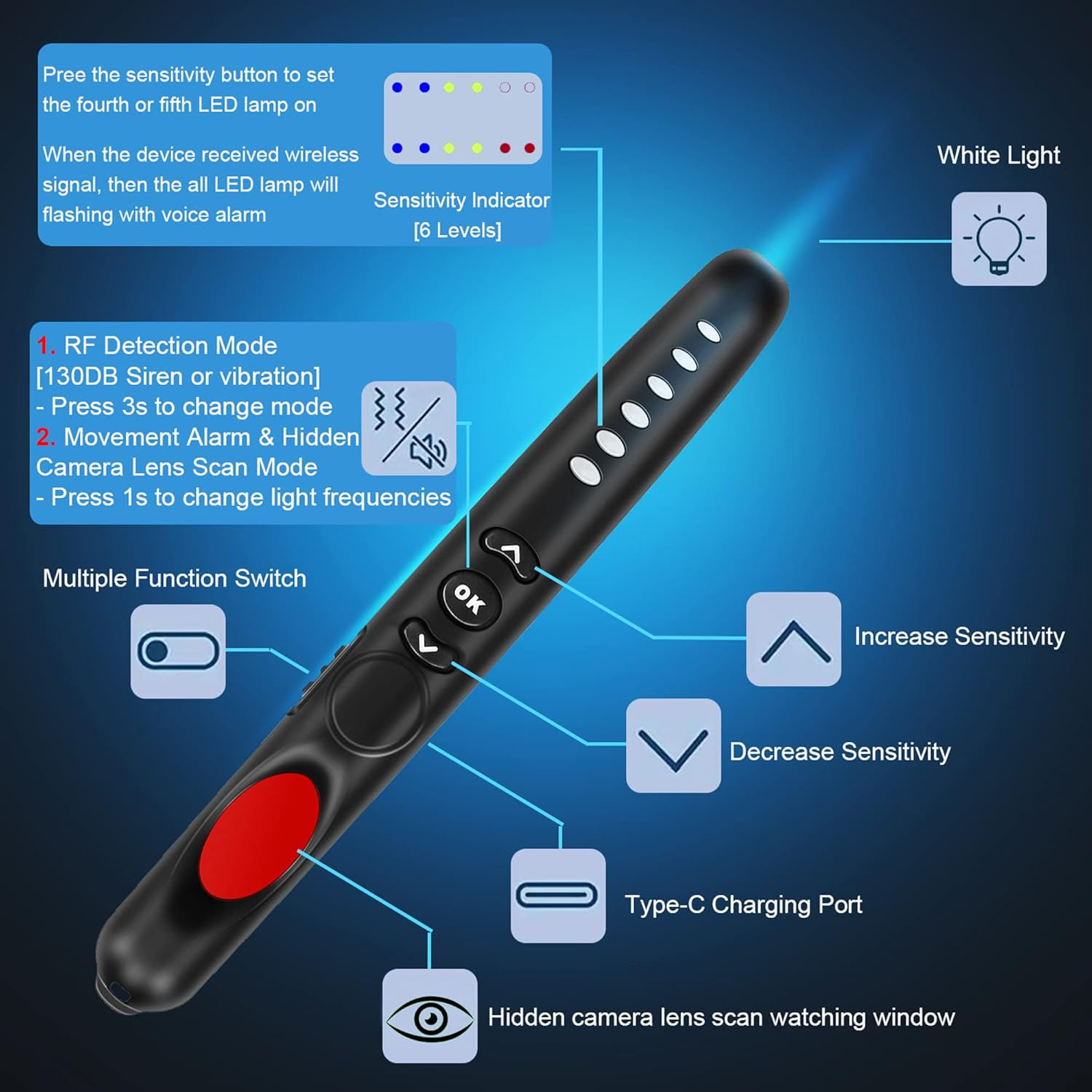 Hidden Camera Detector with RF Signal Scanner, Personal Alarm, Pinhole Camera Lens Finder, Luggage Alert & Door Intrusion Detection for for Airbnb, Hotels, Home, Office, Bathroom, and Travel image number 4