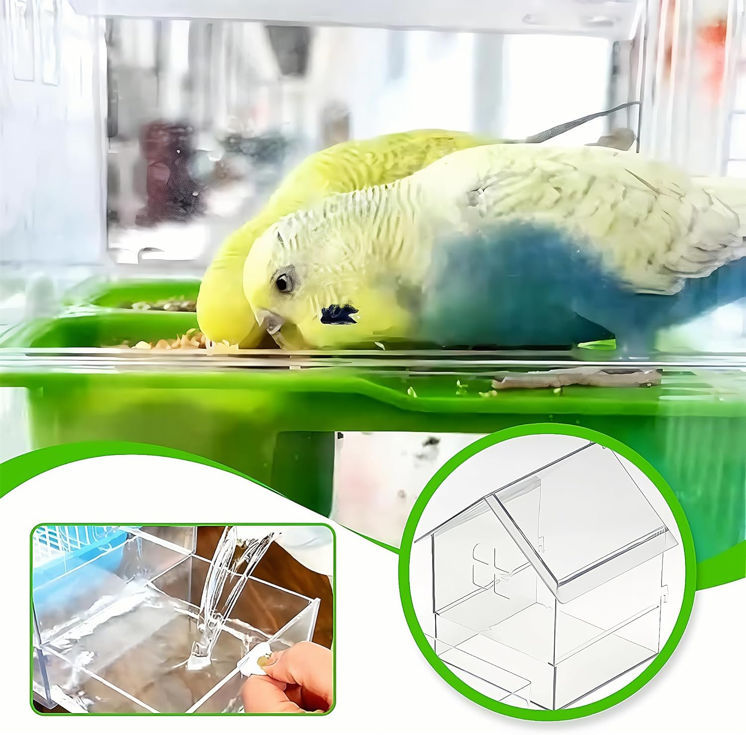 TSWCBYYLB Dual Compartment Pull-Out External Parrot Bird Feeder with Cage Mount & Wash Area image number 1