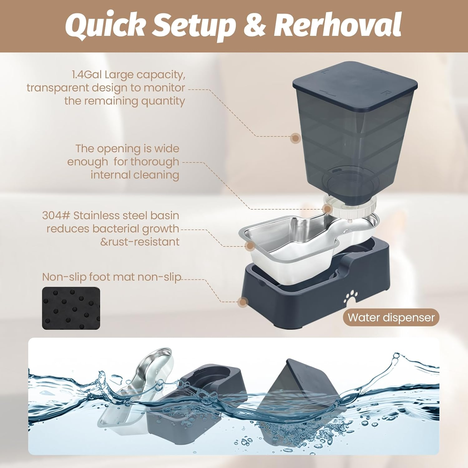 Automatic Dog Cat Feeder and Water Dispenser with 304 Stainless Steel Bowl, Suitable for Medium and Large Dogs and Cats, Large Capacity 5.3L, 2 Pack (Black Set) - Black Set image number 6