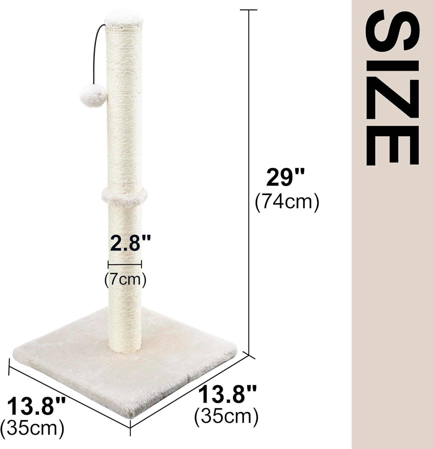 Dimaka 29" Height Tall Cat Scratching Post, Claw Scratcher with Sisal Rope and Covered with Soft Smooth Plush, Vertical Scratch [Full Strectch] for Standard Size Cats. (Beige) image number 3
