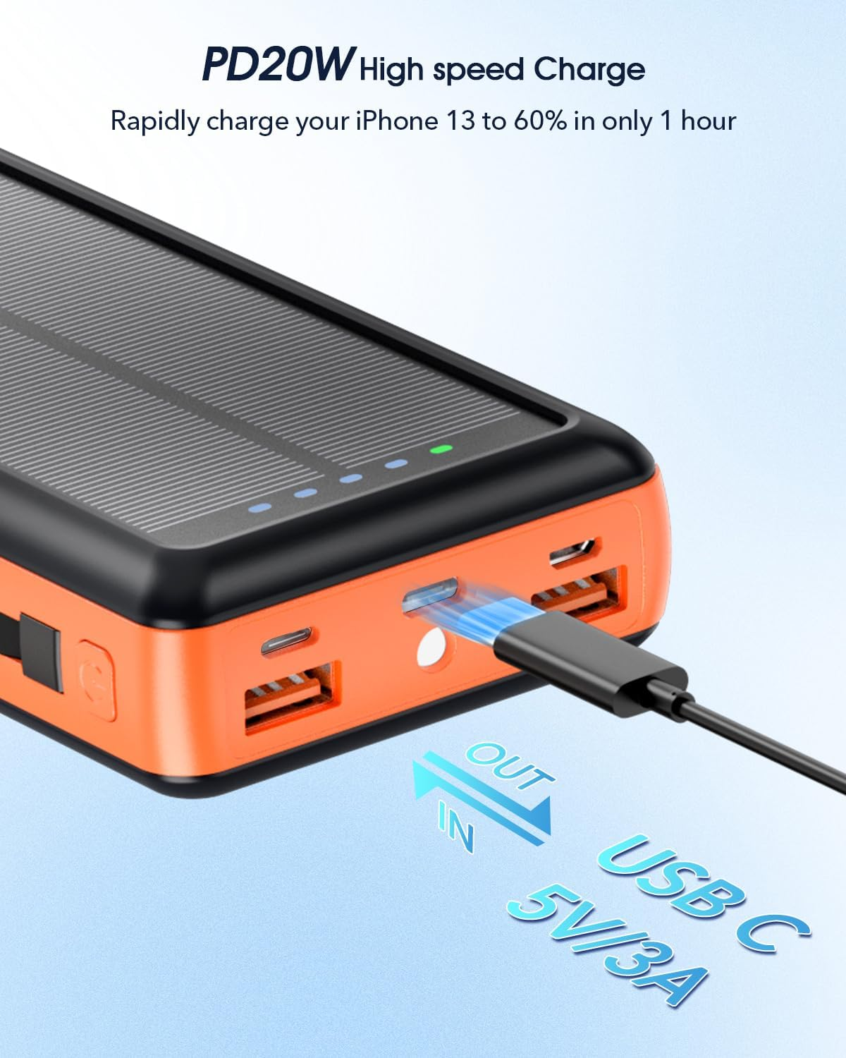 Solar Charger Power Bank, 20000Mah Portable Phone Charger Built-In 2 Output Cable with USB C In/Output, PD20W QC 3.0 Fast Charging and Flashlight for Iphone Samsung Huawei Google Etc (Orange) - Black image number 2