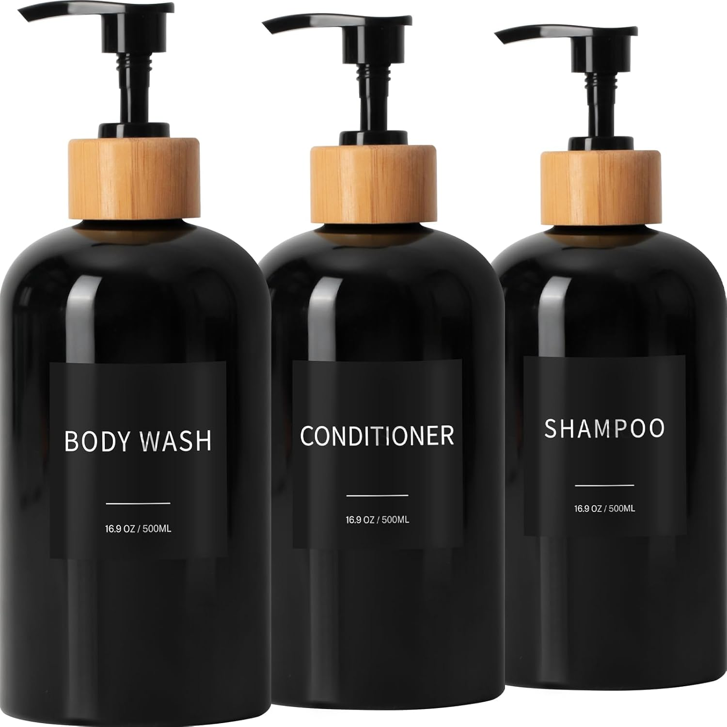 Shampoo and Conditioner Dispenser, Refillable Plastic Shampoo Pump Bottles with Waterproof Labels, Empty Body Wash Dispenser Set for Bathroom, Shower Soap Bottles (Black, Set of 3, 16.9Oz) image number 5