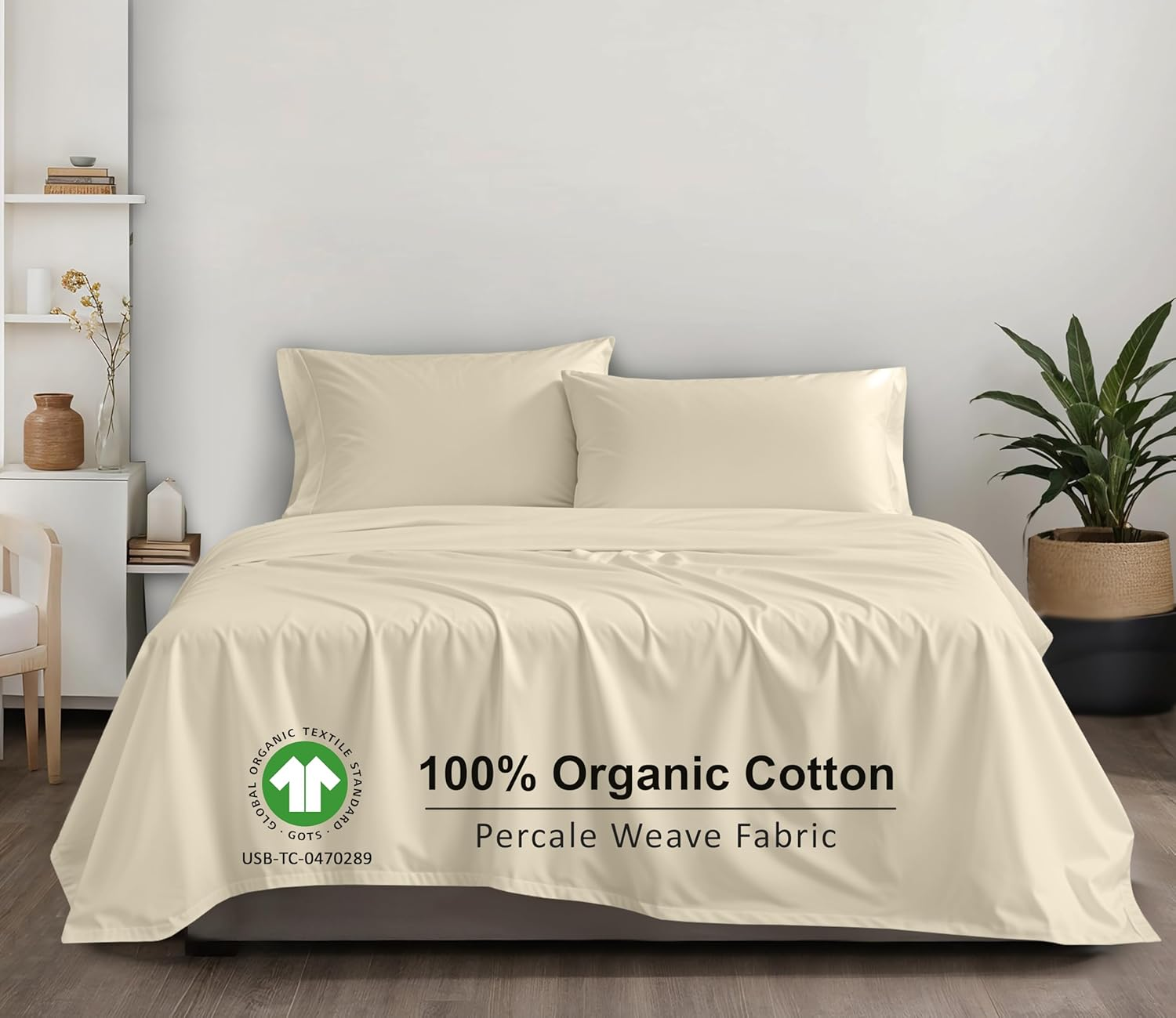 RUVANTI 100% Organic Cotton Sheets Queen Size, Percale Weave, GOTS Certified, 4-Piece Set, Deep Pocket 15", Crisp & Breathable, Soft Durable Bedding, S&aacute;banas Algod&oacute;n Org&aacute;nico &ndash; Cloud Cream image number 6