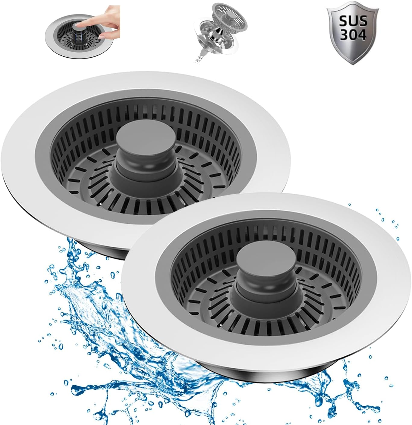 2 Pcs Kitchen Sink Drain Strainer and Stopper Combo, 3 in 1 Stainless Steel Pop-Up Sink Stopper & Drain Strainer for Standard Drains, Ideal Sink Protectors for Kitchen Sink