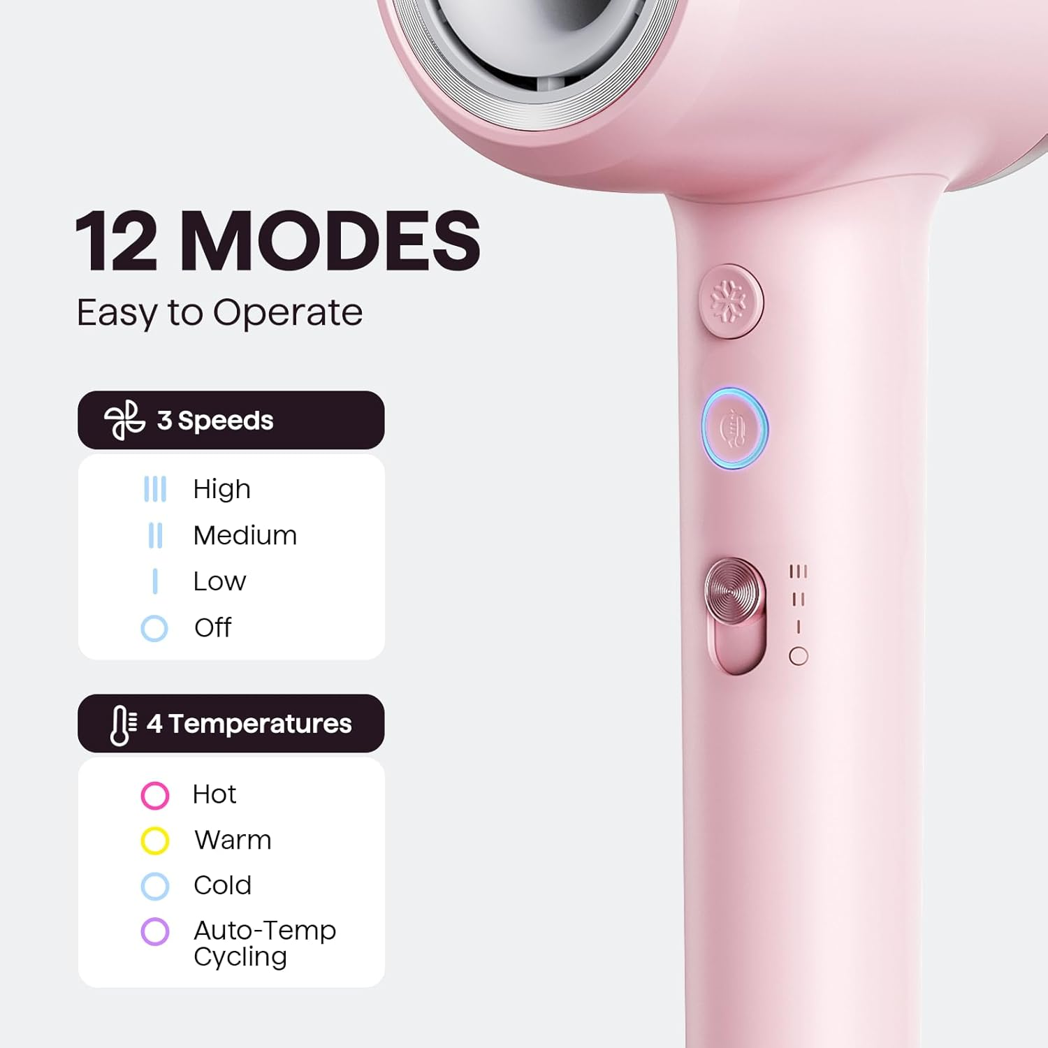 Hair Dryer, Wavytalk Turblow Pro Fast Drying Blow Dryer with Diffuser, High Speed Hair Dryer with 110,000 RPM, Pro Negative Ions to Reduce Damage & Frizz, 3 Speeds & 3 Temps, Pink image number 4