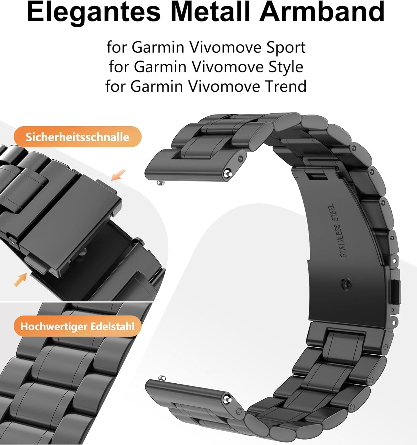 Hiseus Bracelet Compatible with Garmin Vivomove Sport Style Trend, Chic Metal Replacement Strap for Men and Women - Black image number 2