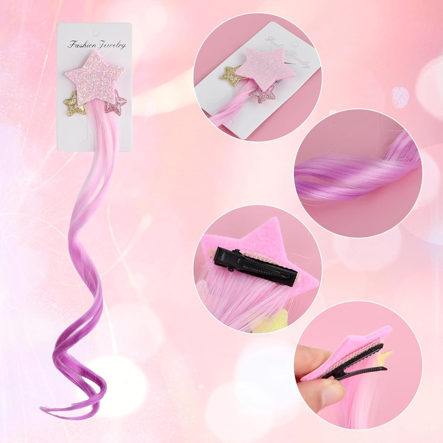 4PCS Coloured Hair, Children'S Colourful Wig Hair Clip Decoration Star, Kids Hair Extensions Fake Hair Rainbow Color Wig Clips Children, for Girls World Princess Party Cosplay Crazy Hair Day for Kids image number 4