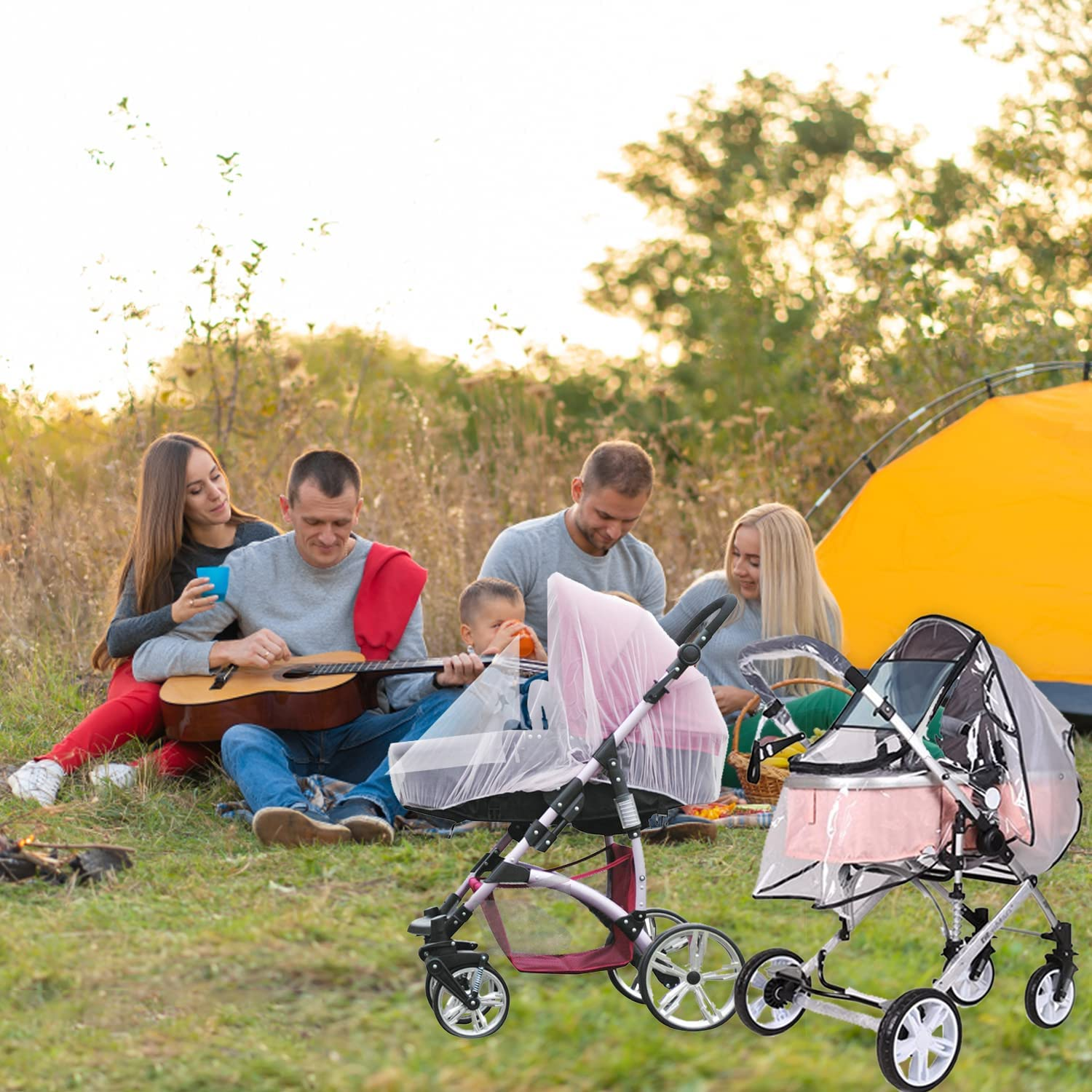 Stroller Rain Cover + Baby Stroller Mosquito Net (2Pcs), Universal Stroller Accessory Waterproof Windproof Baby Travel Weather Shield with Air Vents Prevent Rain Snow Dust Sun Toddler Stroller Outdoor