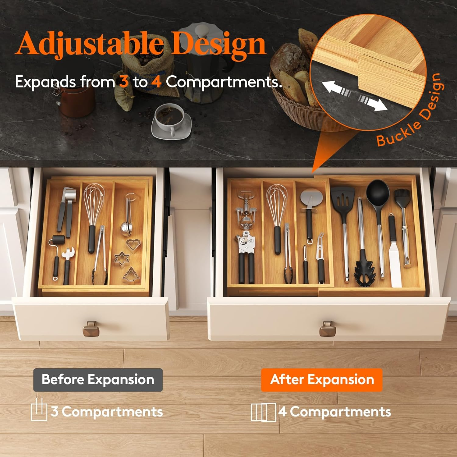 Lifewit Utensil Drawer Organizer, Expendable Cooking Silverware Tray for Kitchen Drawer, Bamboo Adjustable Cutlery Flatware Holder, Spatula Tools and Gadgets Storage Divider, 4 Compartments, Natural image number 5