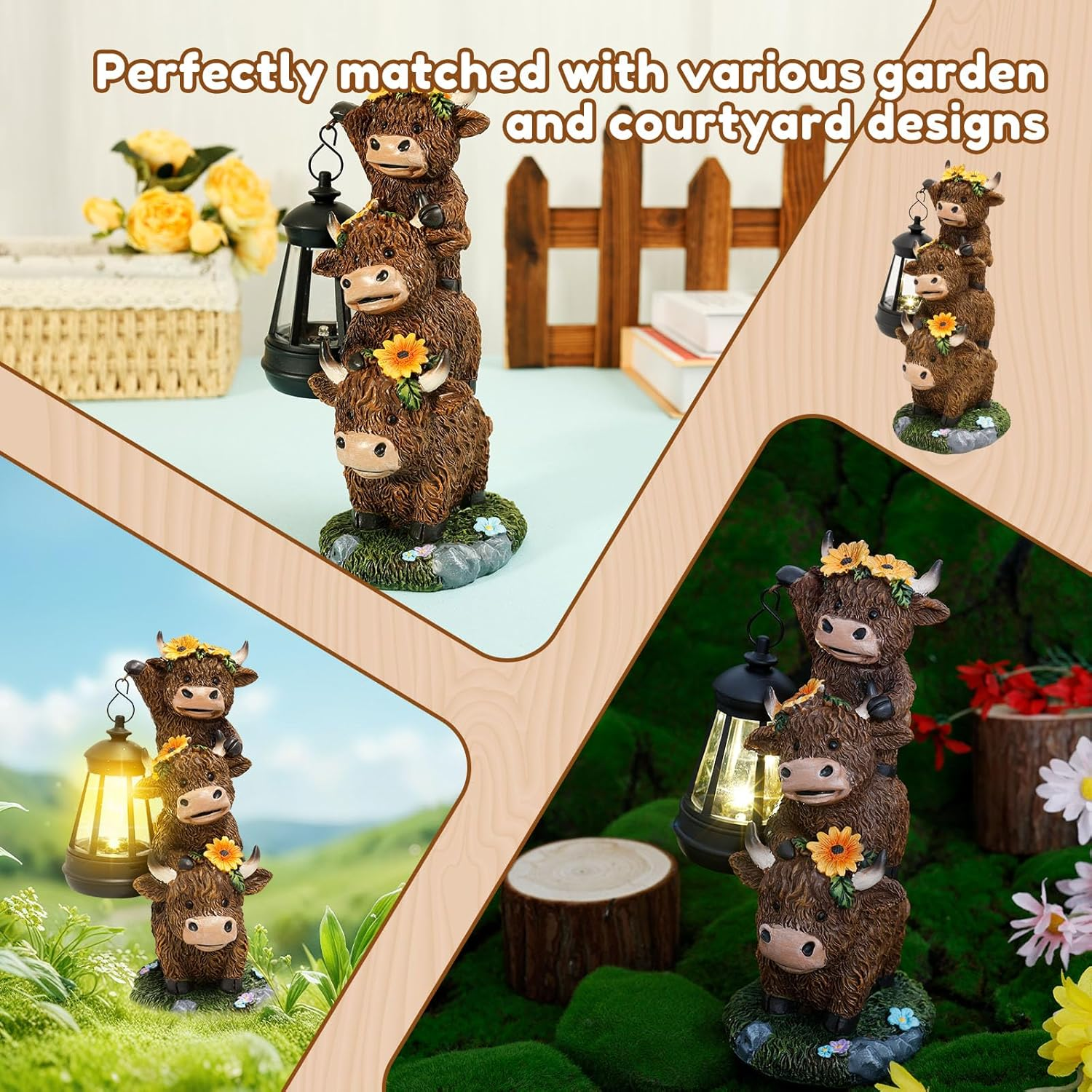 Garden Highland Cow Statue, Funny Highland Cow Decor with Solar Lantern, Synthetic Resin Cows Garden Statue, Lawn Ornament for Yard Patio Pathway (Color B) - Color A image number 4