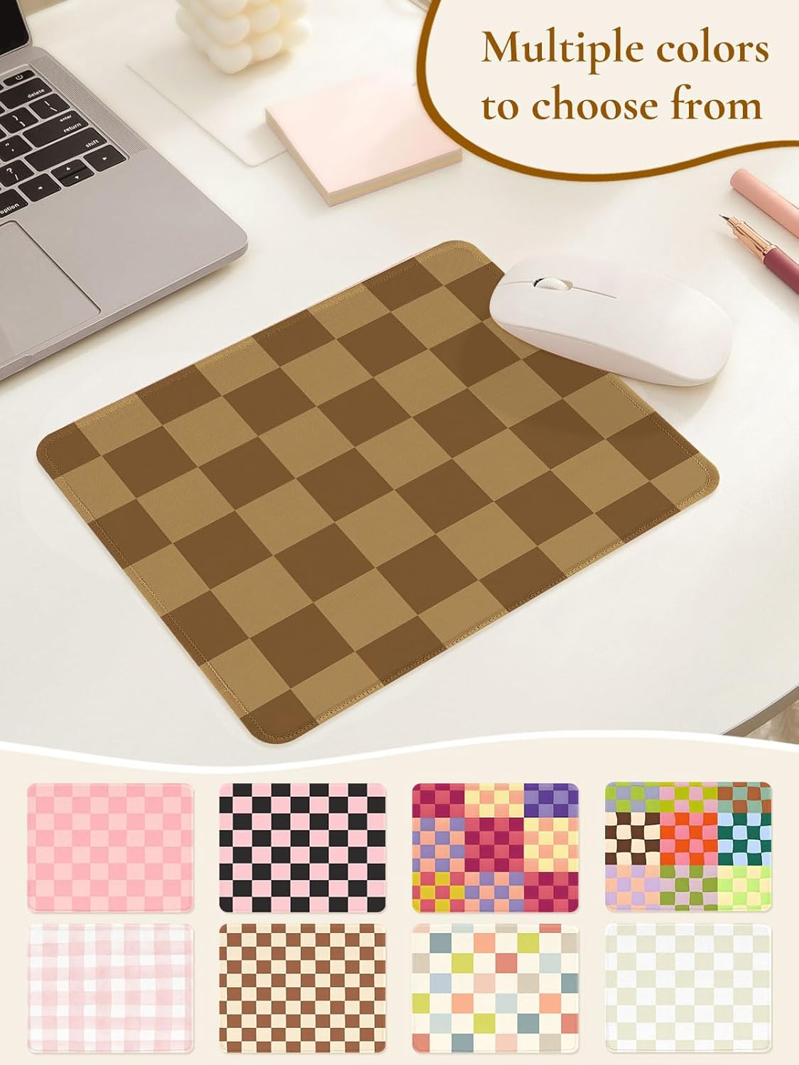 Cute Brown Mouse Pad,Retro Checkered Pattern Mousepad,Square Aesthetic Plaid Waterproof Grid Mouse Mat Design, Non-Slip Rubber Base Computer Funny Boho Small Mouse Pads, Desk Accessories image number 4